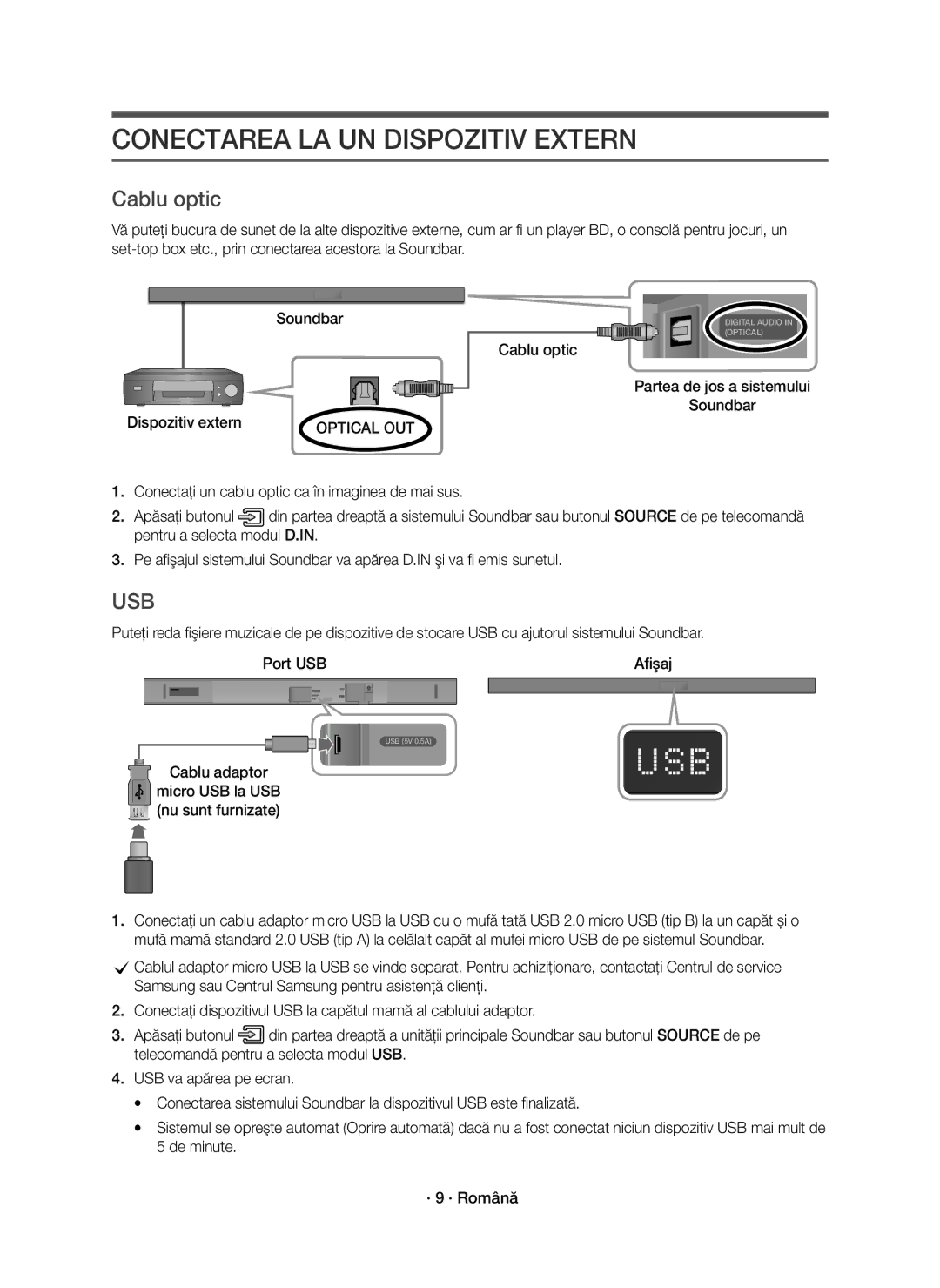 Samsung HW-K551/EN, HW-K550/EN manual Conectarea LA UN Dispozitiv Extern, Cablu adaptor Micro USB la USB Nu sunt furnizate 