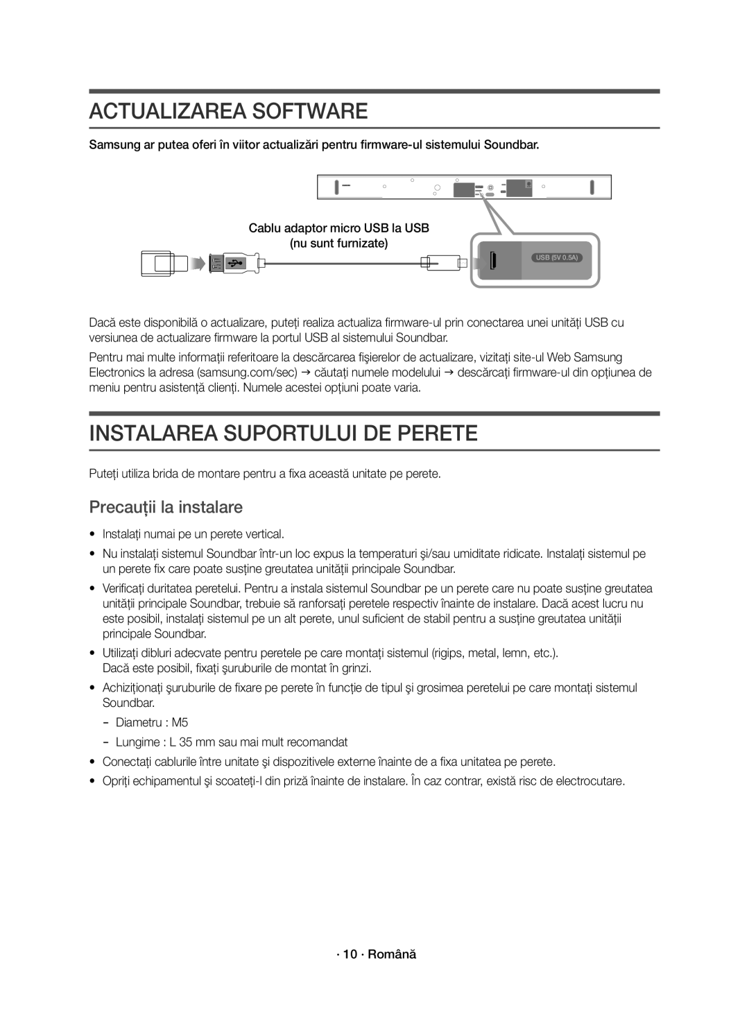 Samsung HW-K550/EN, HW-K551/EN manual Actualizarea Software, Instalarea Suportului DE Perete, Precauţii la instalare 