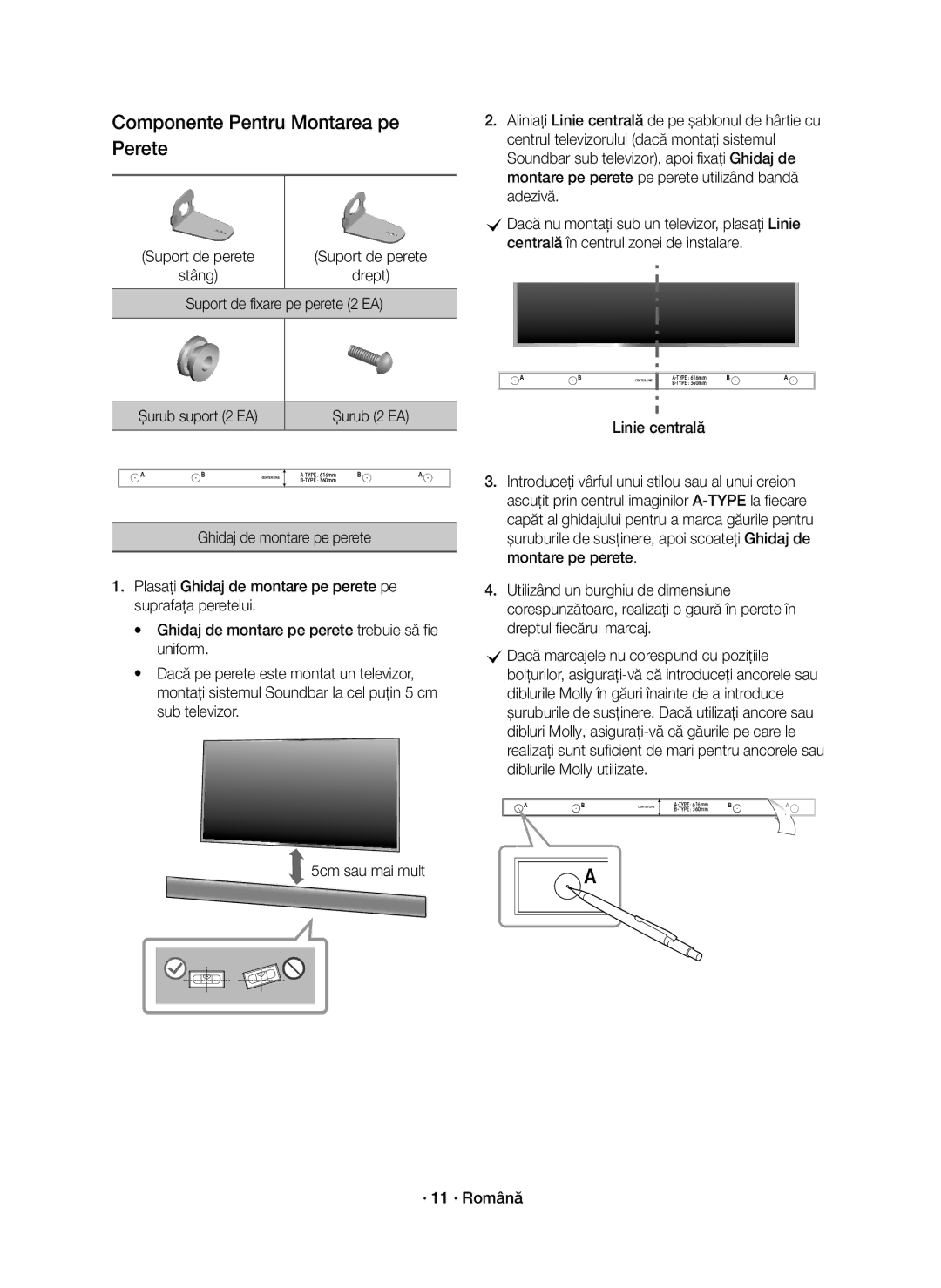 Samsung HW-K551/EN Componente Pentru Montarea pe Perete, Suport de ﬁ xare pe perete 2 EA, 5cm sau mai mult · 11 · Română 