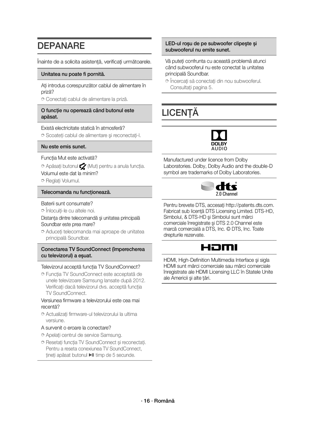 Samsung HW-K550/EN, HW-K551/EN manual Depanare, Licenţă 