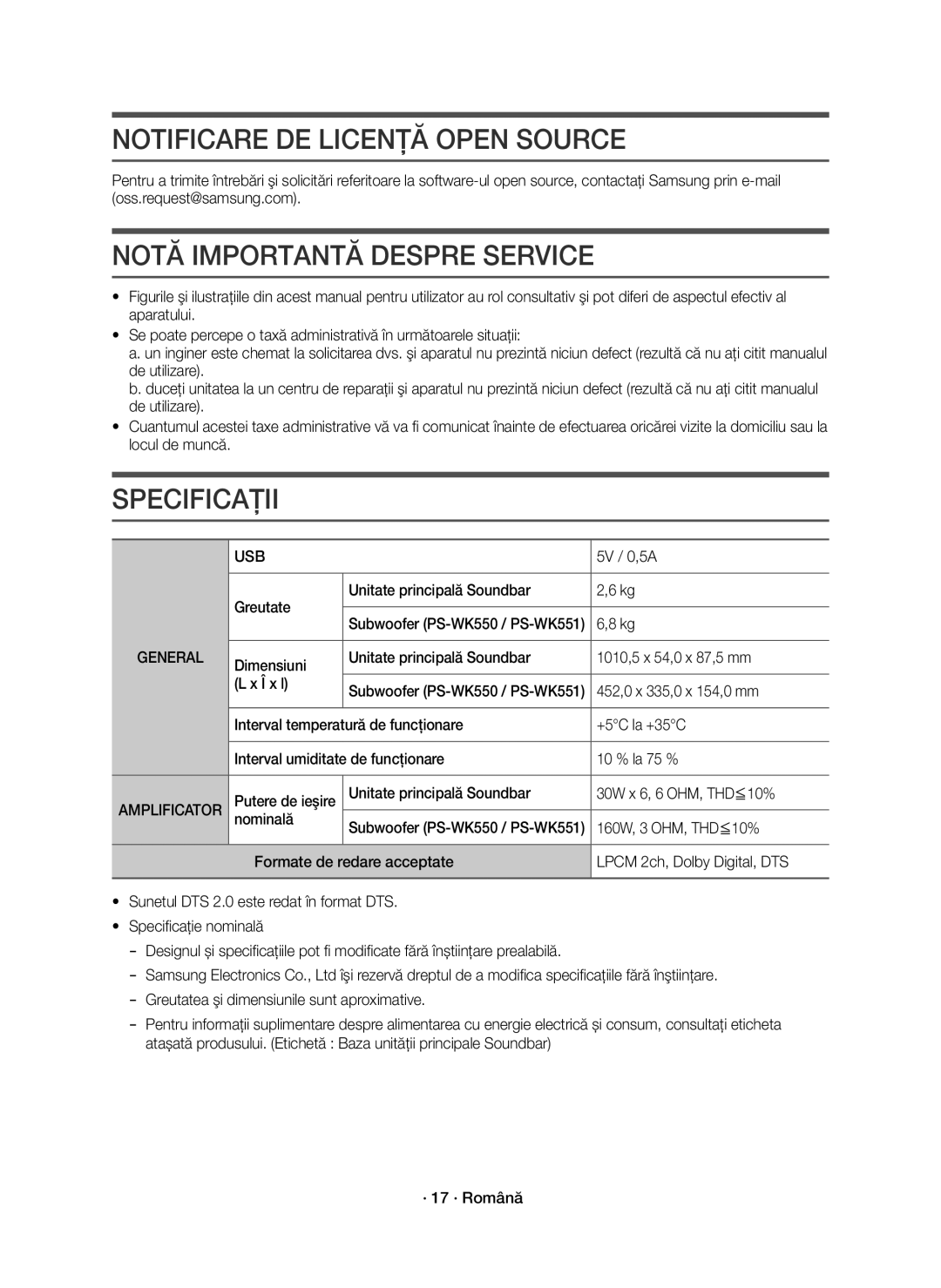 Samsung HW-K551/EN, HW-K550/EN manual Notificare DE Licenţă Open Source, Notă Importantă Despre Service, Specificaţii 