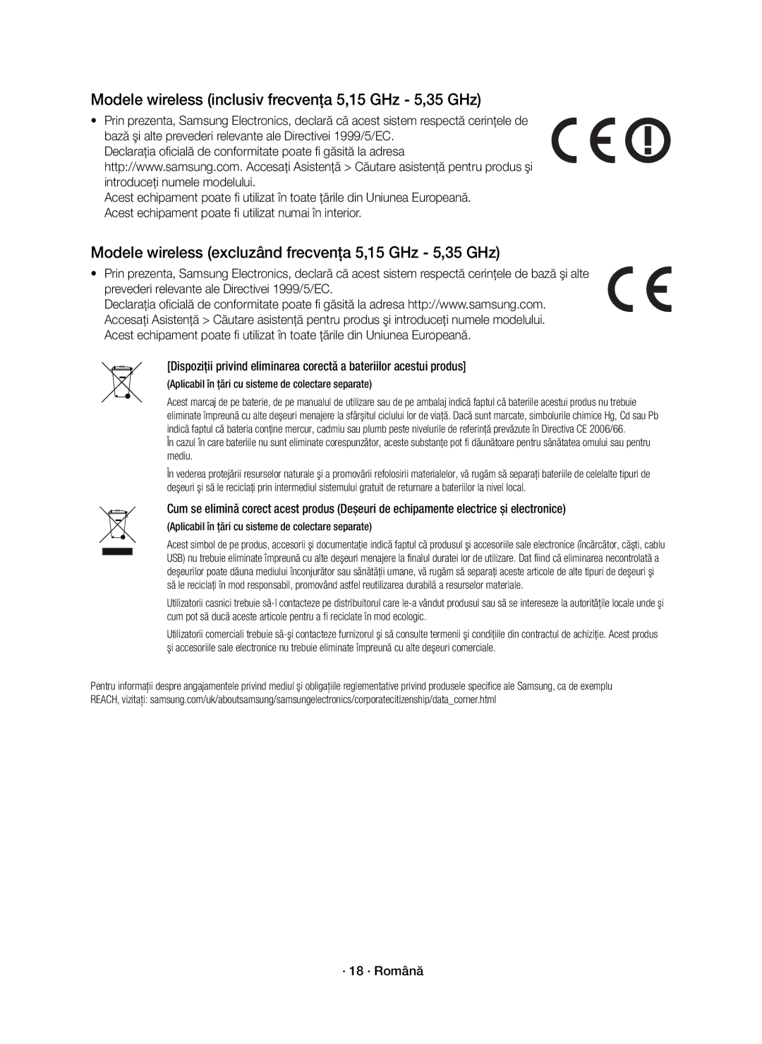 Samsung HW-K550/EN, HW-K551/EN manual Modele wireless inclusiv frecvenţa 5,15 GHz 5,35 GHz, · 18 · Română 