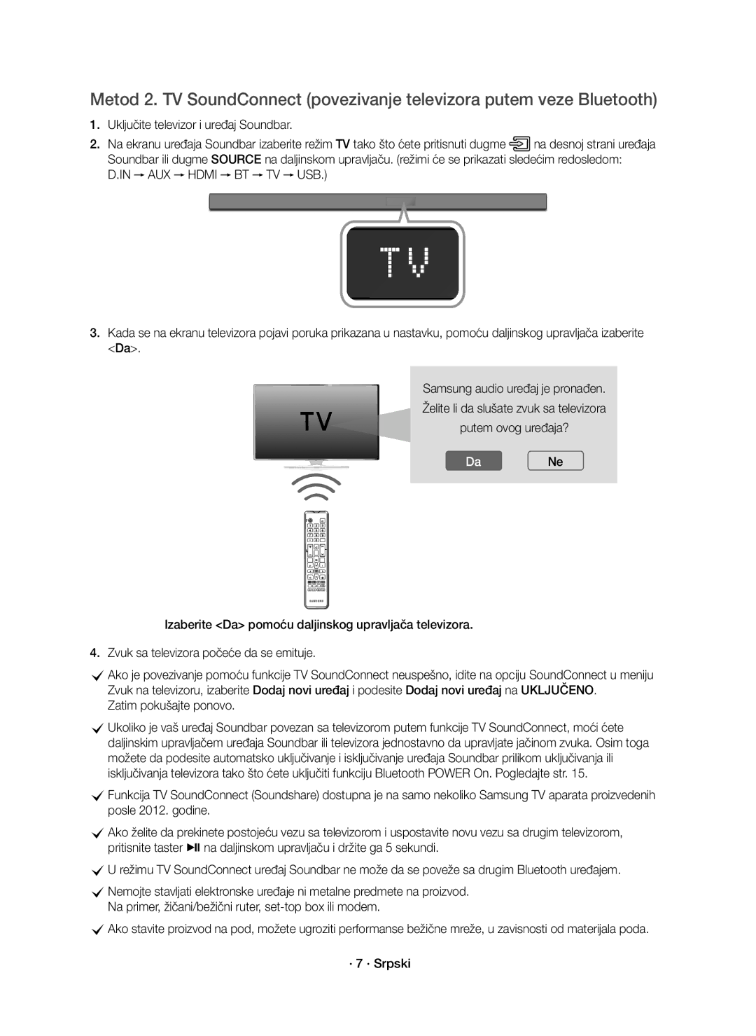 Samsung HW-K550/EN, HW-K551/EN manual Uključite televizor i uređaj Soundbar, Zatim pokušajte ponovo 