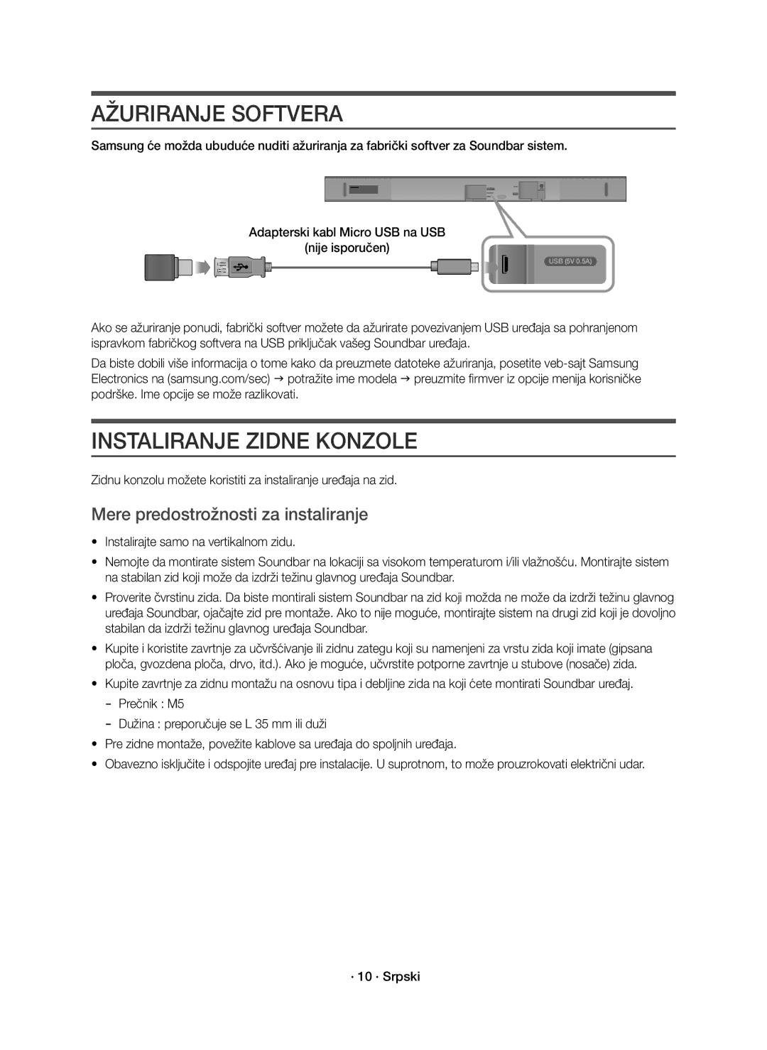 Samsung HW-K551/EN, HW-K550/EN manual Instaliranje Zidne Konzole, Mere predostrožnosti za instaliranje 