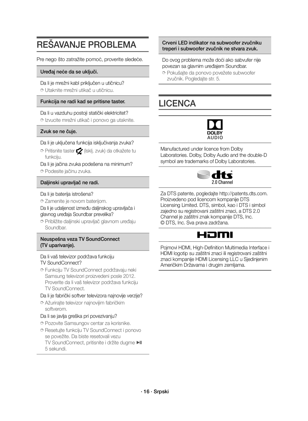 Samsung HW-K551/EN, HW-K550/EN manual Rešavanje Problema 