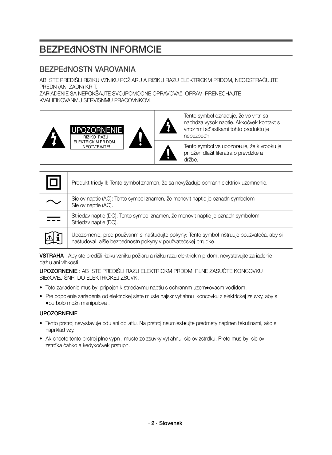 Samsung HW-K550/EN, HW-K551/EN manual Bezpečnostné Informácie, Bezpečnostné Varovania, Upozornenie 