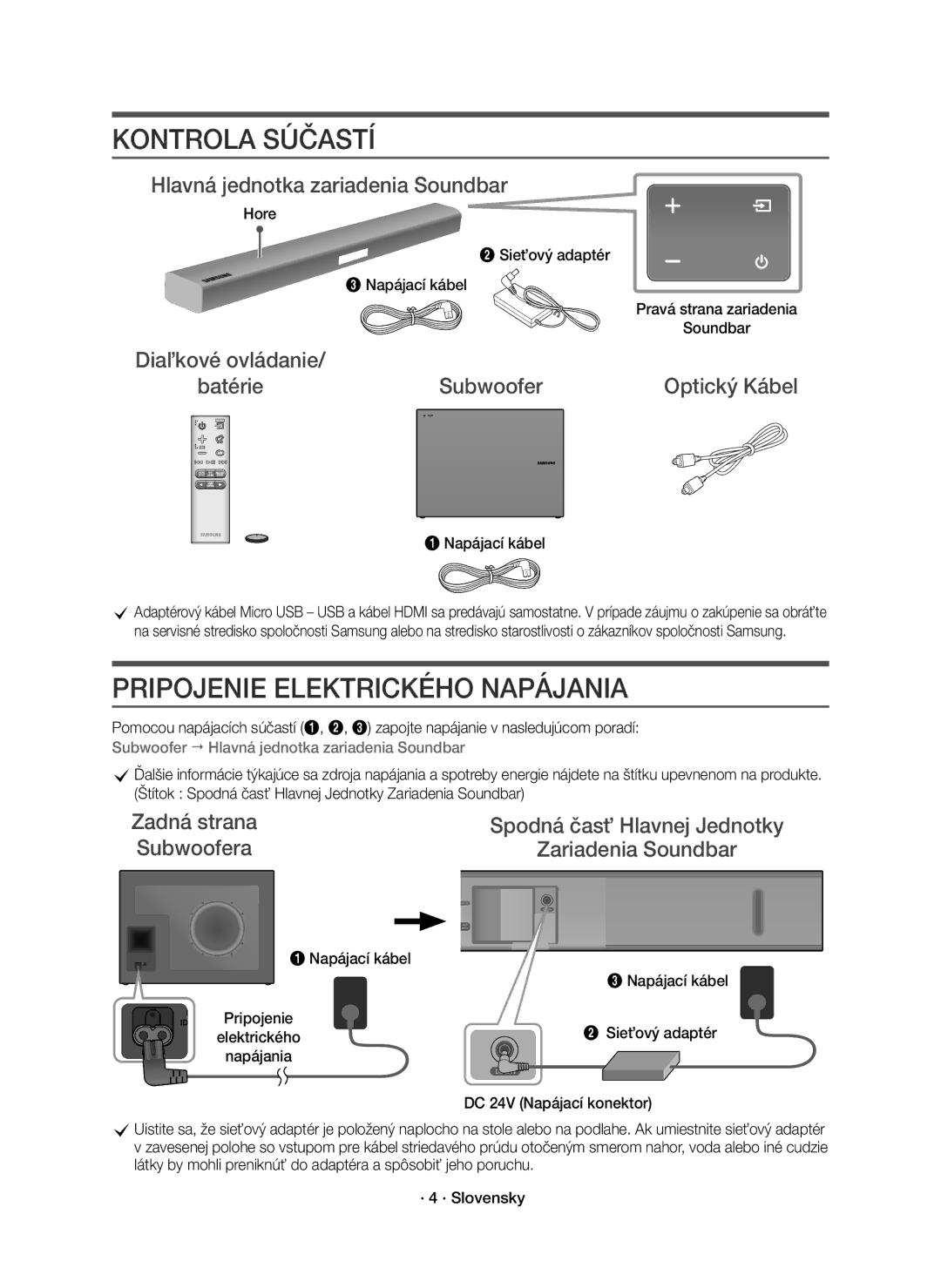 Samsung HW-K550/EN, HW-K551/EN Kontrola Súčastí, Pripojenie Elektrického Napájania, Hlavná jednotka zariadenia Soundbar 