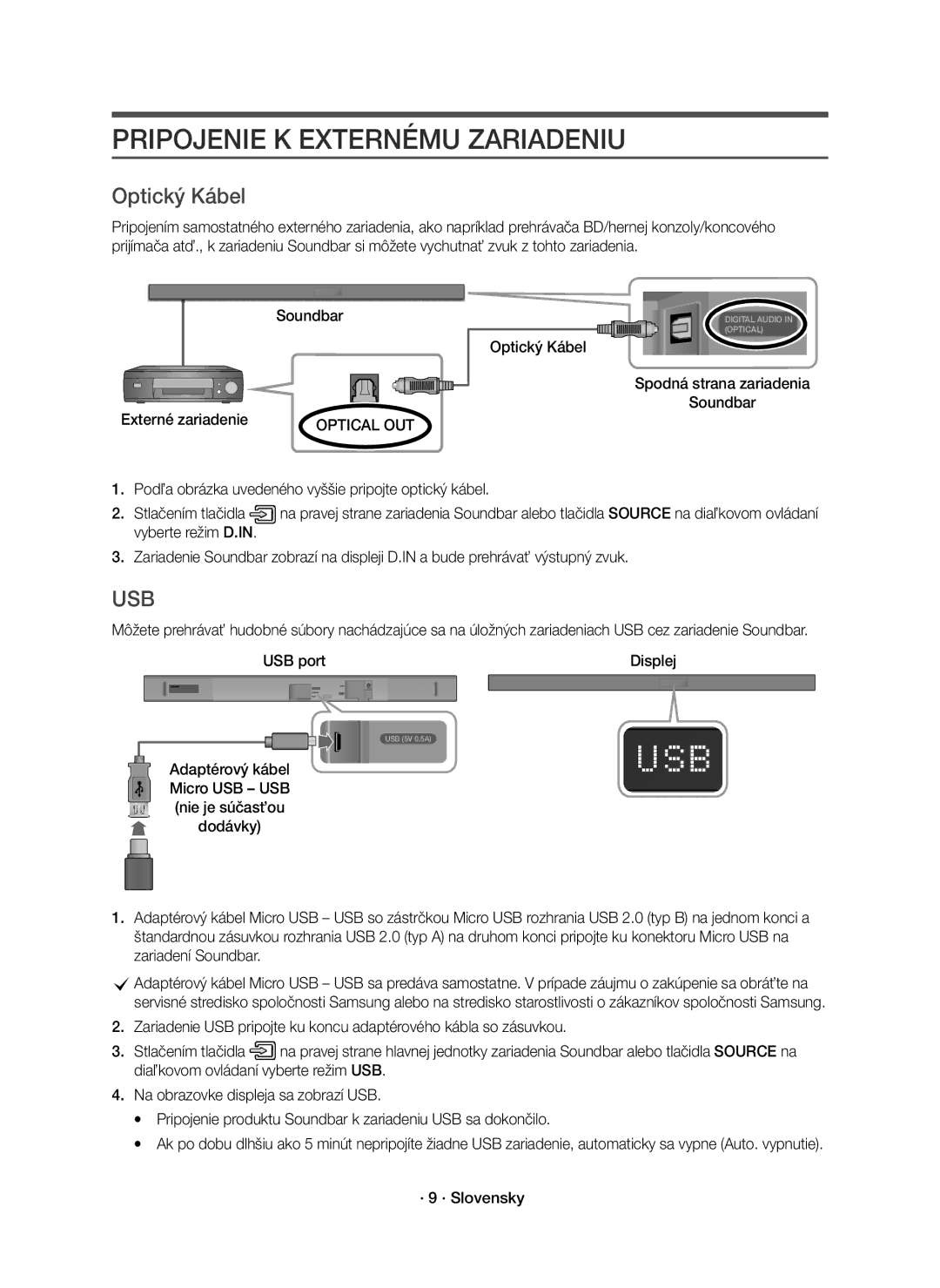 Samsung HW-K551/EN, HW-K550/EN manual Pripojenie K Externému Zariadeniu, USB port Displej, · 9 · Slovensky 