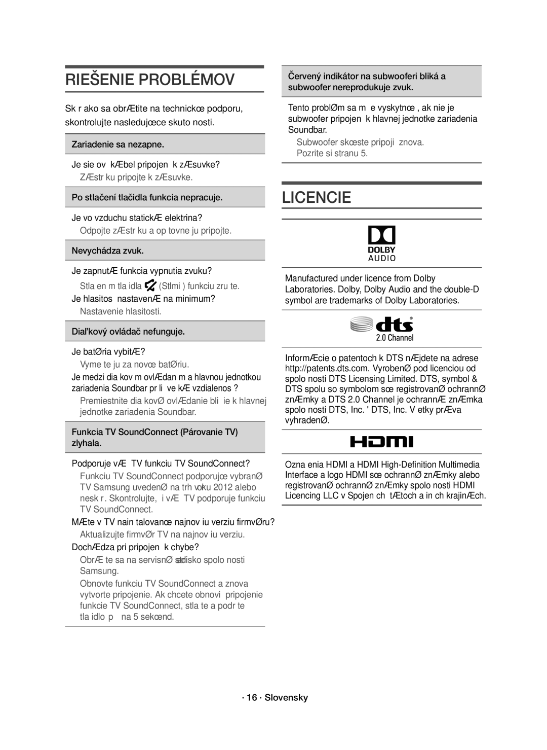 Samsung HW-K550/EN, HW-K551/EN manual Riešenie Problémov, Licencie 