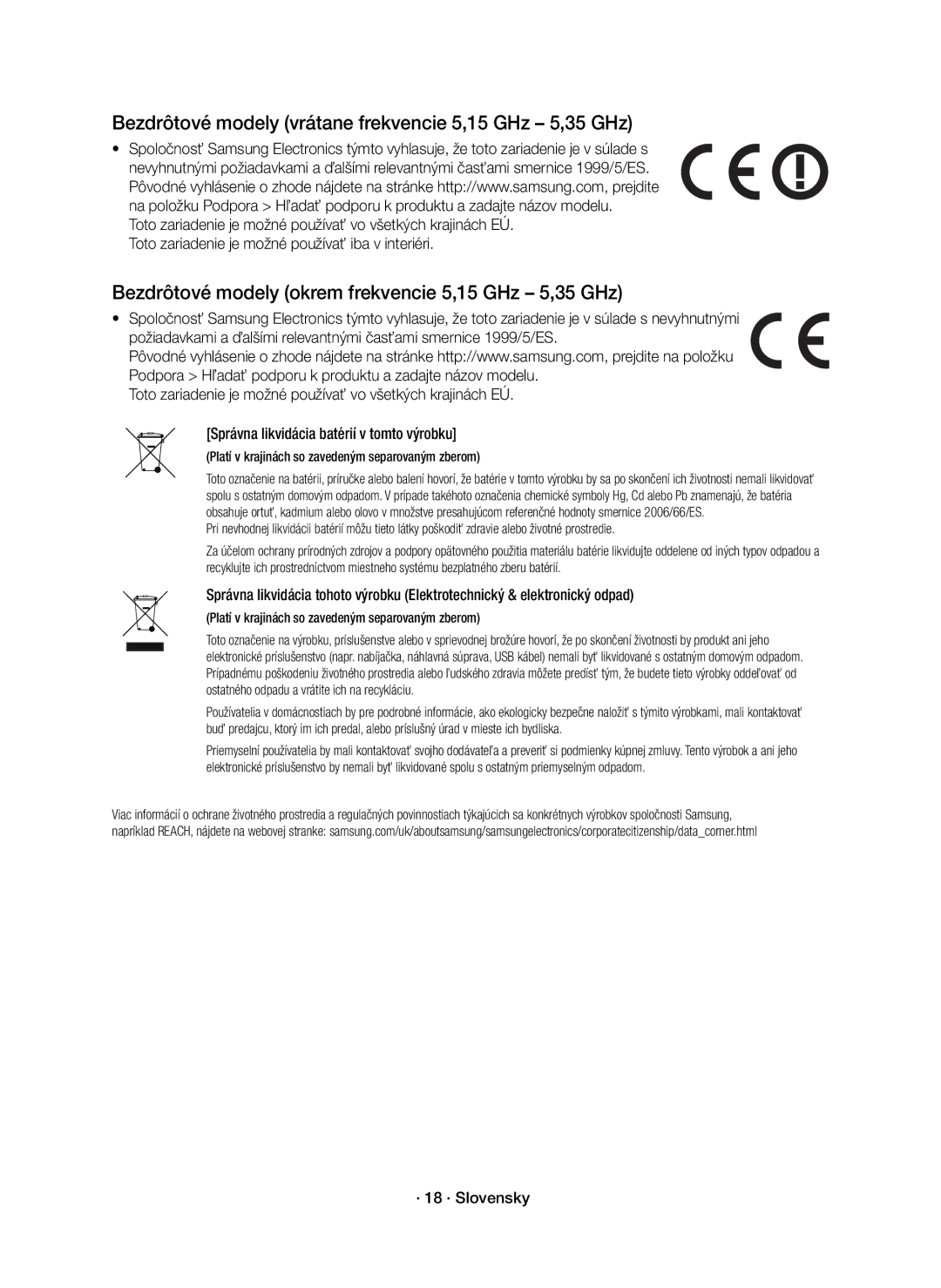 Samsung HW-K550/EN, HW-K551/EN manual Bezdrôtové modely vrátane frekvencie 5,15 GHz 5,35 GHz, · 18 · Slovensky 