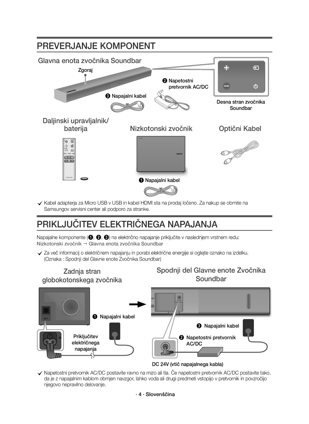 Samsung HW-K551/EN, HW-K550/EN manual Preverjanje Komponent, Priključitev Električnega Napajanja 