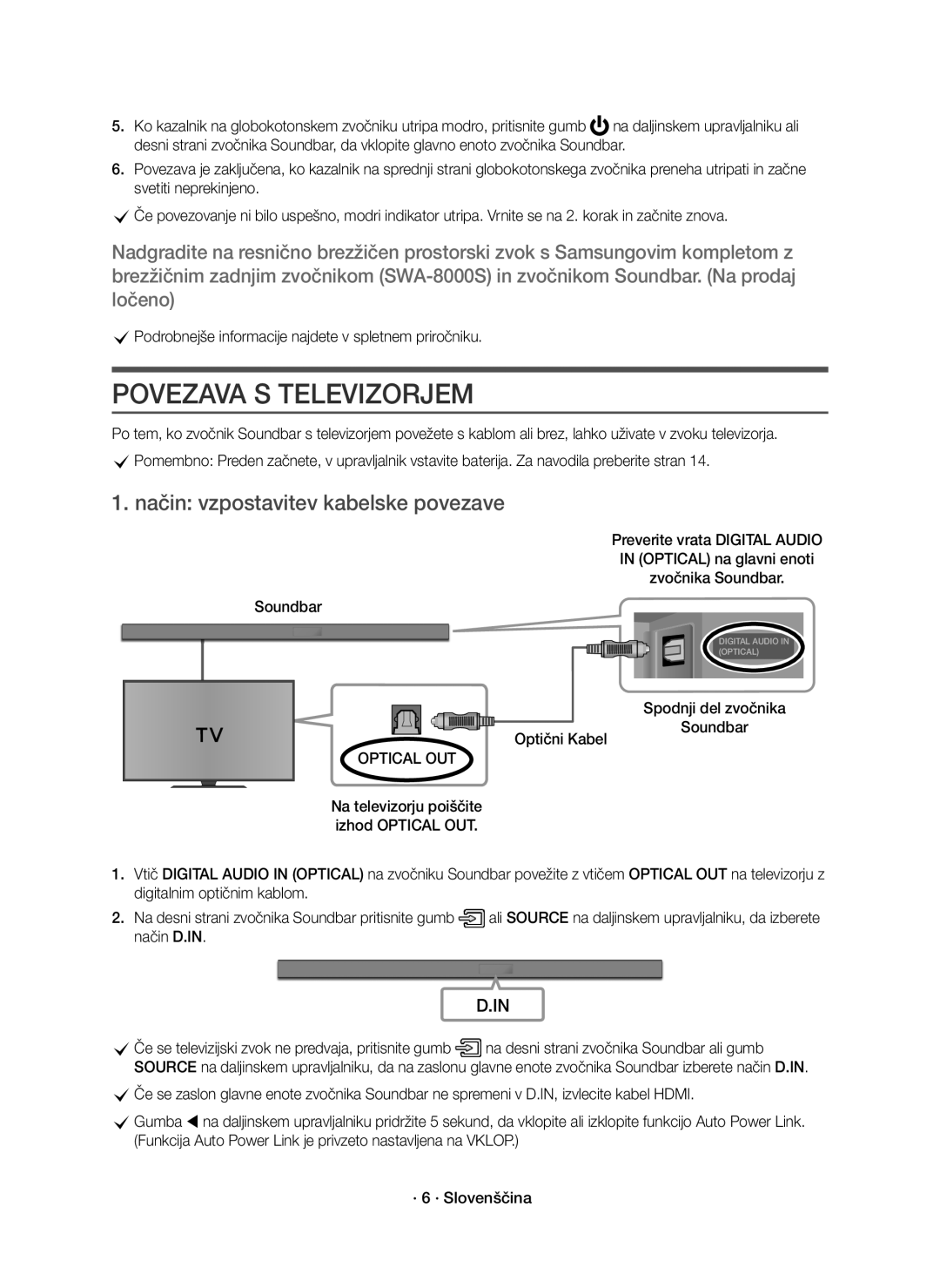 Samsung HW-K551/EN, HW-K550/EN manual Povezava S Televizorjem, Način vzpostavitev kabelske povezave 