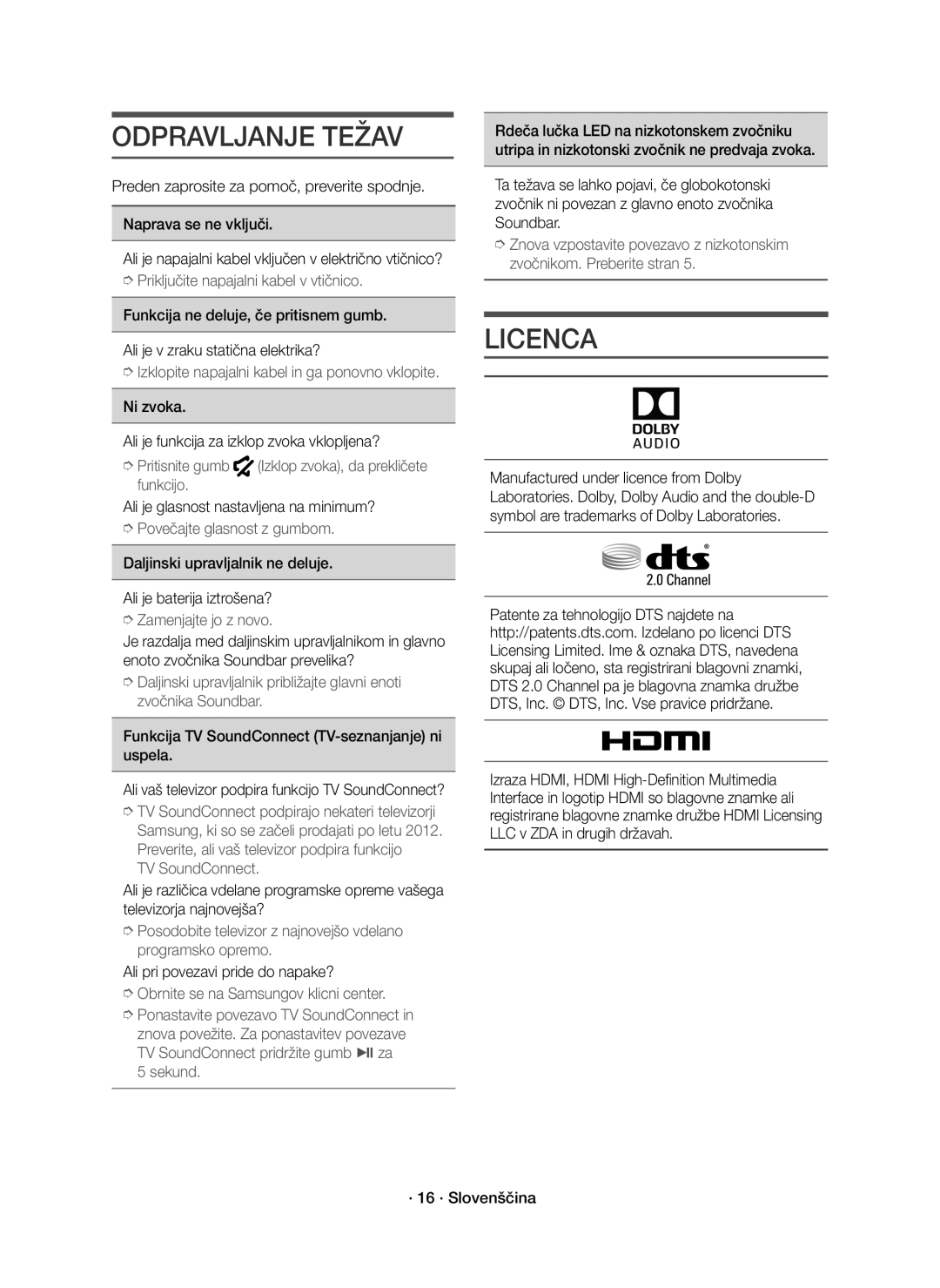 Samsung HW-K551/EN, HW-K550/EN manual Odpravljanje Težav 