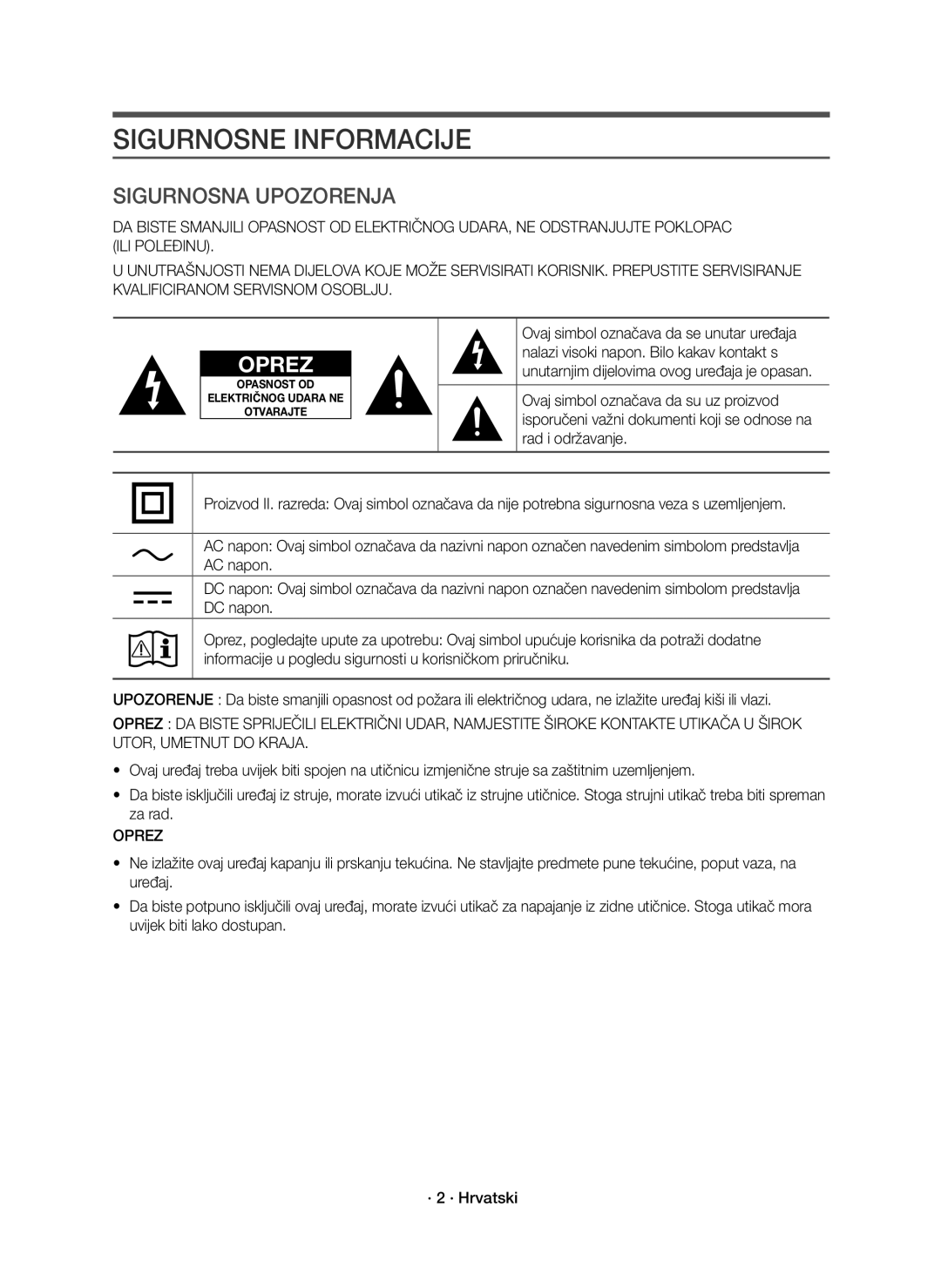 Samsung HW-K551/EN, HW-K550/EN manual Sigurnosne Informacije, Sigurnosna Upozorenja, Oprez 