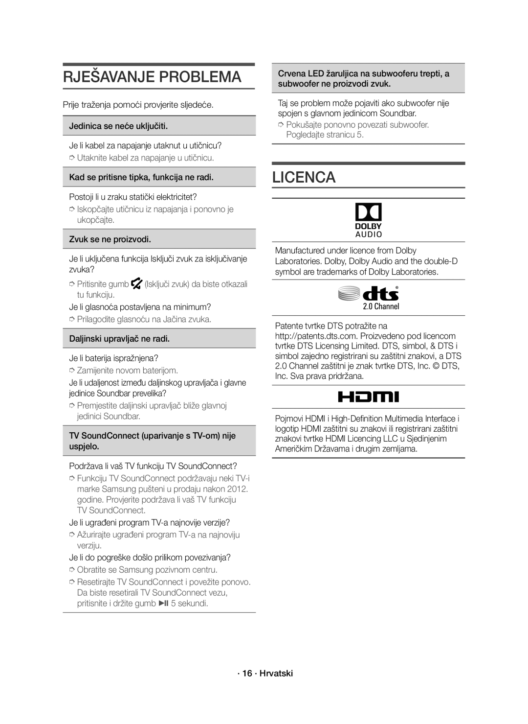 Samsung HW-K551/EN, HW-K550/EN manual Rješavanje Problema, Licenca 