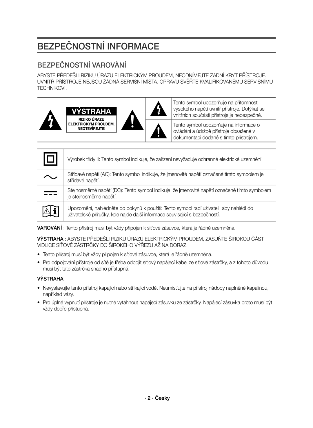 Samsung HW-K550/EN manual Bezpečnostní Informace, Bezpečnostní Varování, Střídavé napětí, Je stejnosměrné napětí, Výstraha 