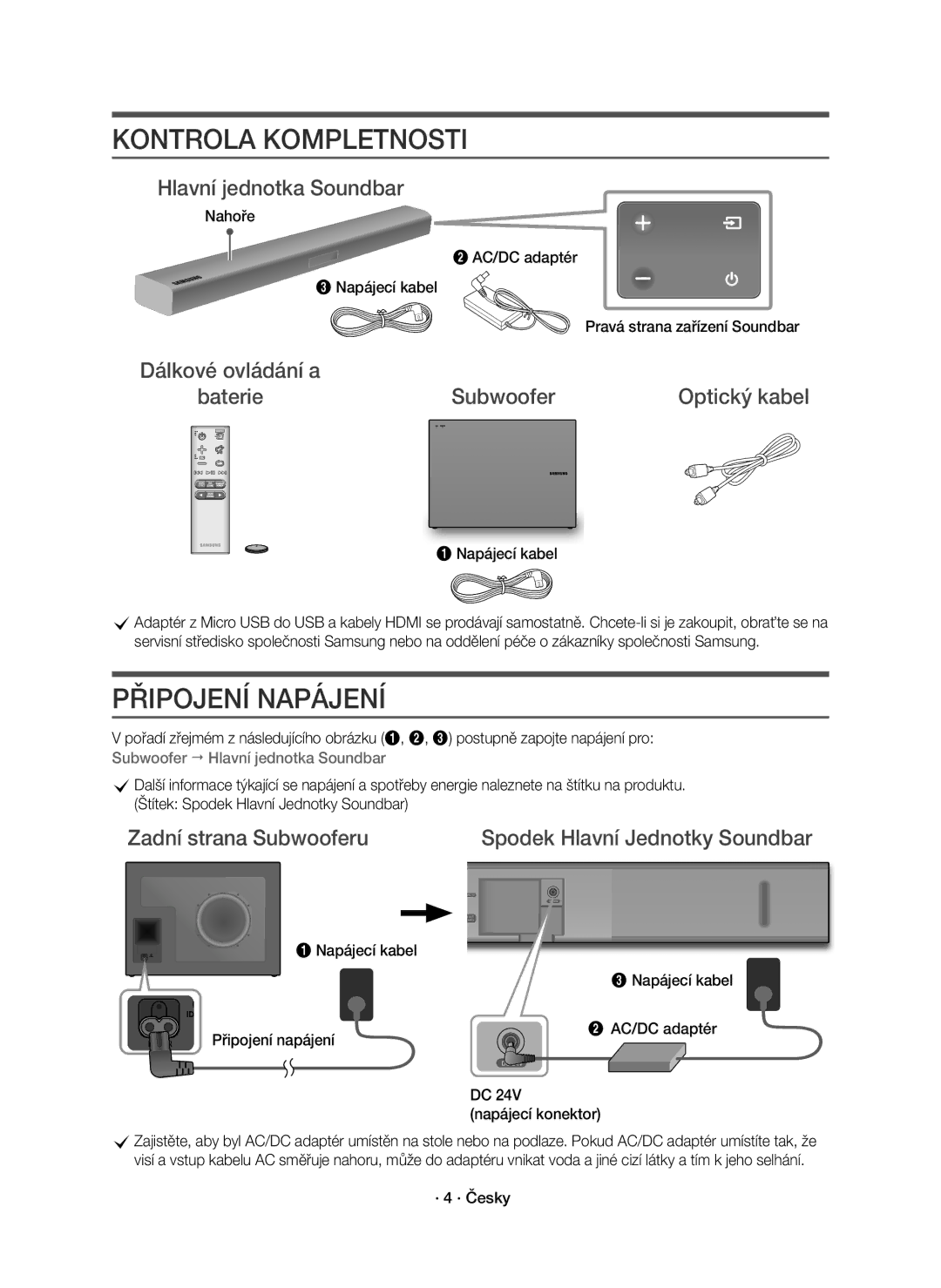 Samsung HW-K550/EN, HW-K551/EN manual Kontrola Kompletnosti, Připojení Napájení 