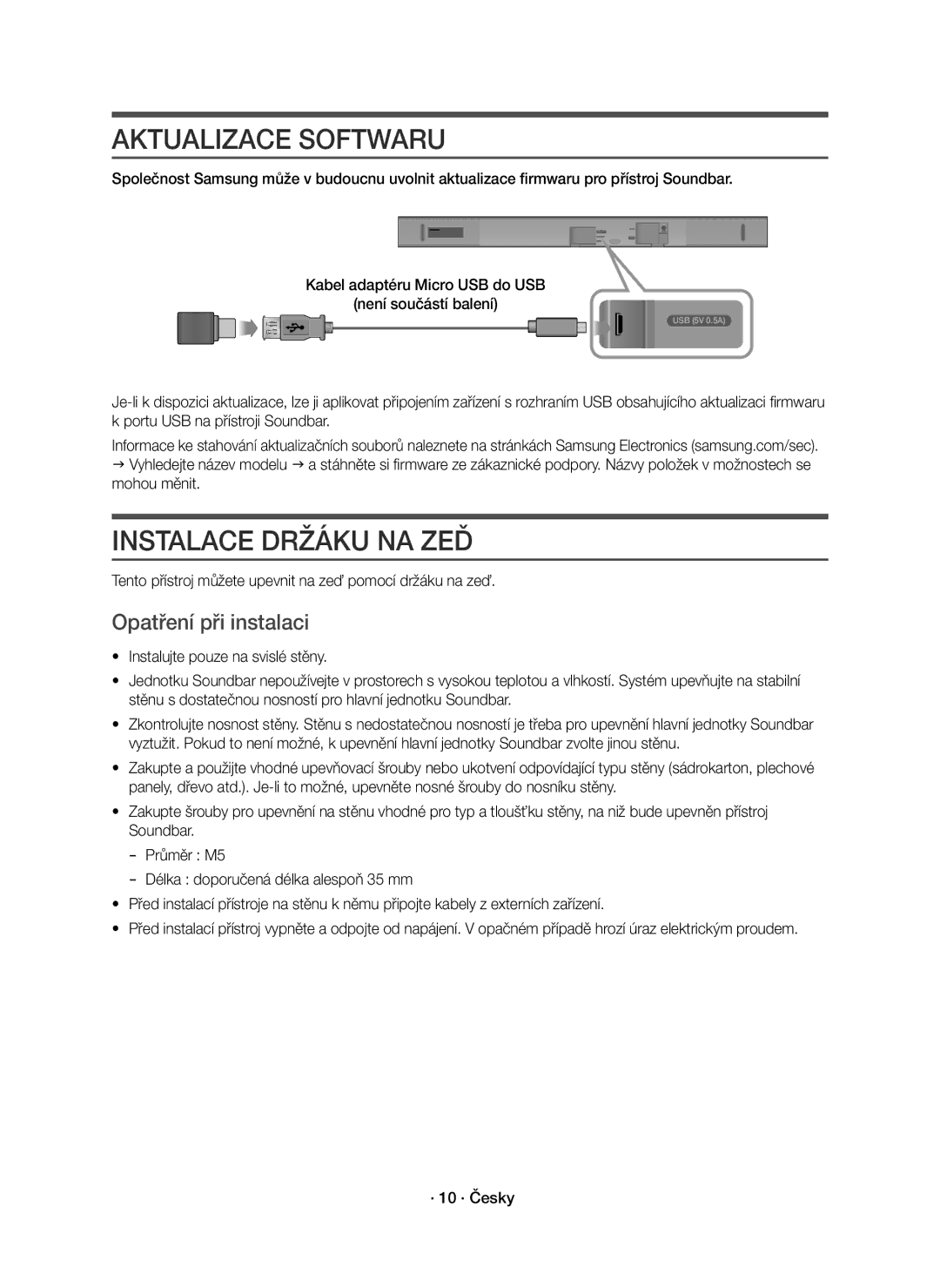 Samsung HW-K550/EN, HW-K551/EN manual Aktualizace Softwaru, Instalace Držáku NA ZEĎ, Opatření při instalaci 