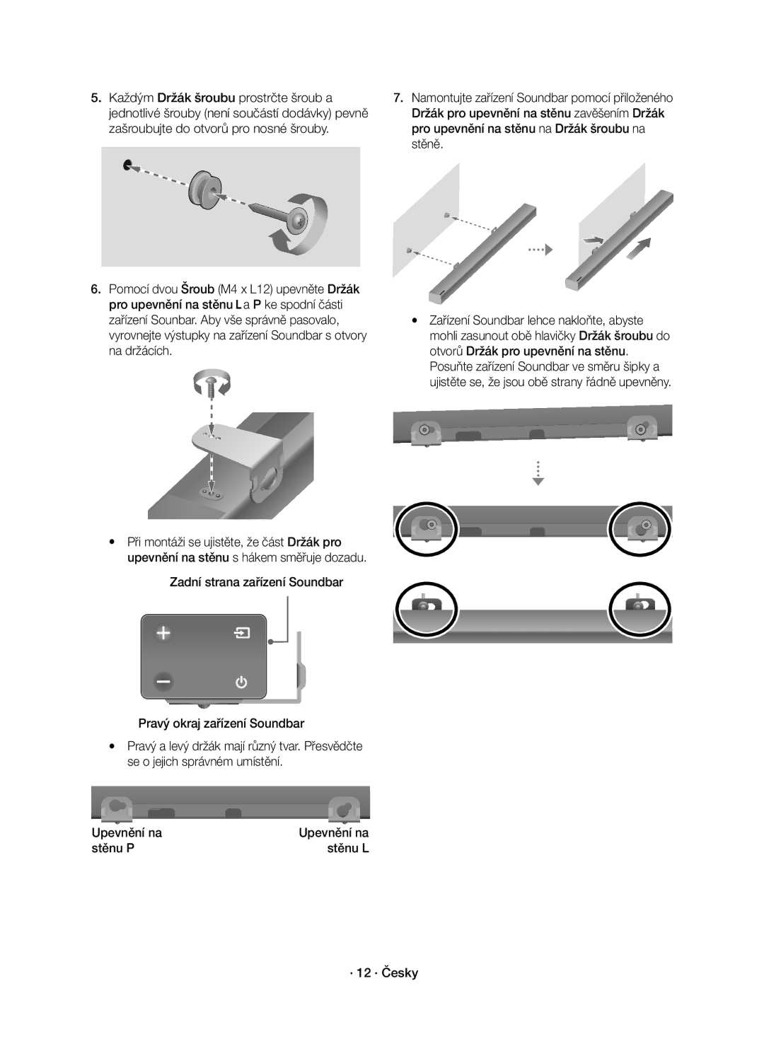Samsung HW-K550/EN, HW-K551/EN manual Upevnění na, Stěnu P Stěnu L · 12 · Česky 