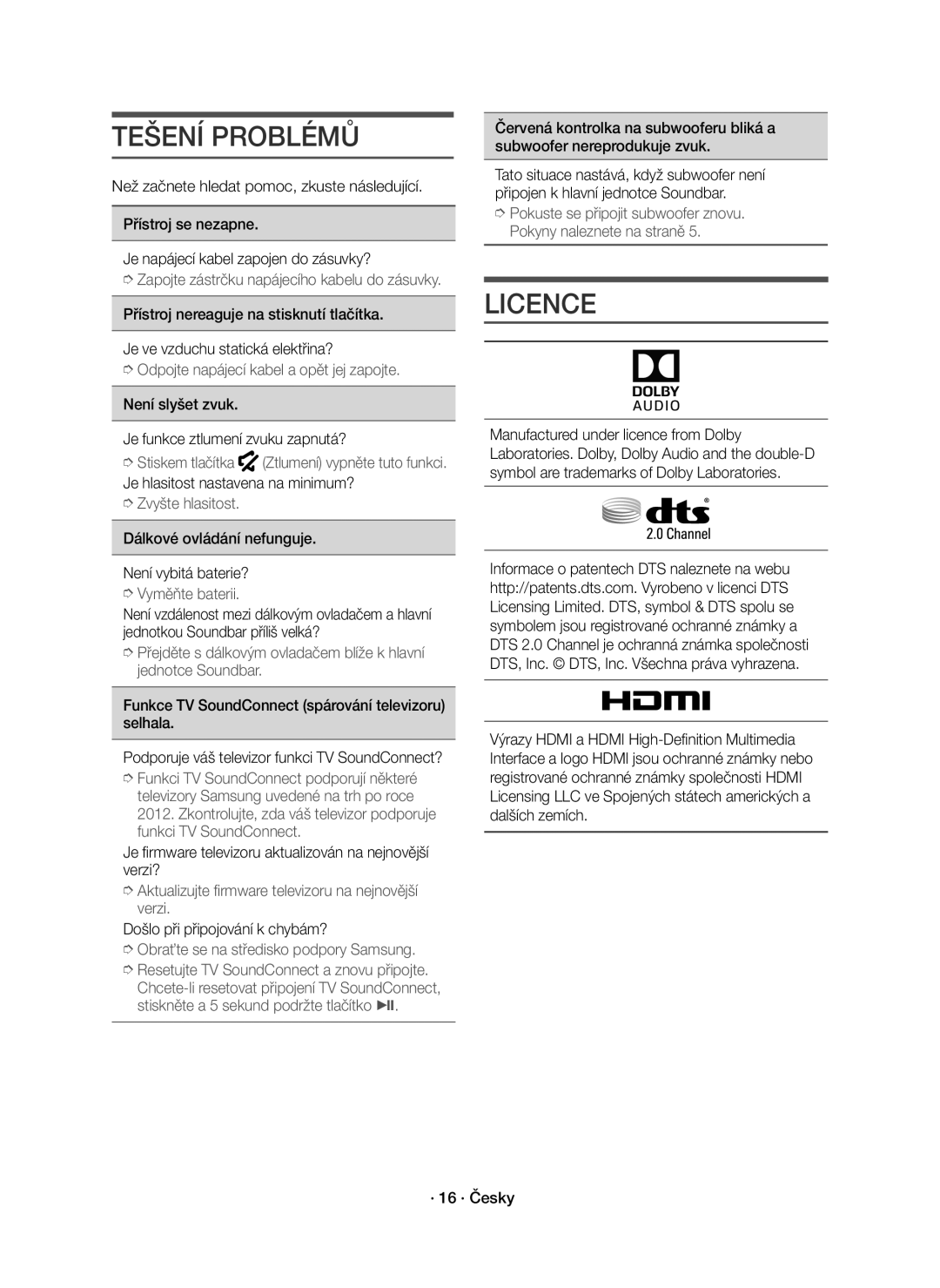 Samsung HW-K550/EN, HW-K551/EN manual Tešení Problémů 