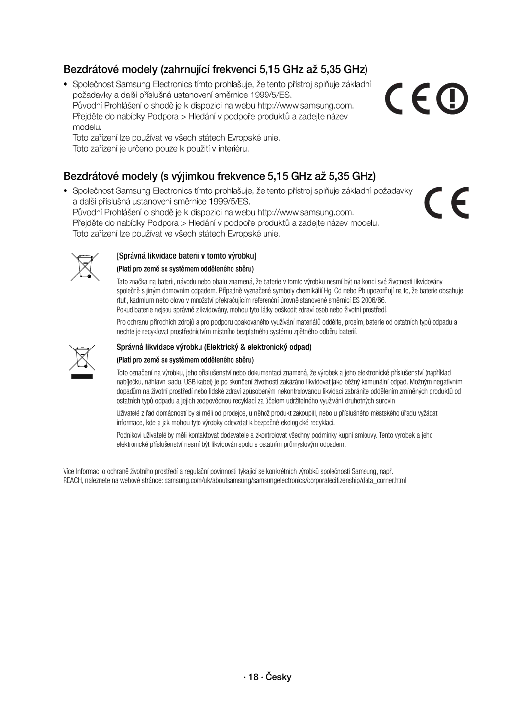 Samsung HW-K550/EN, HW-K551/EN manual Bezdrátové modely zahrnující frekvenci 5,15 GHz až 5,35 GHz, · 18 · Česky 