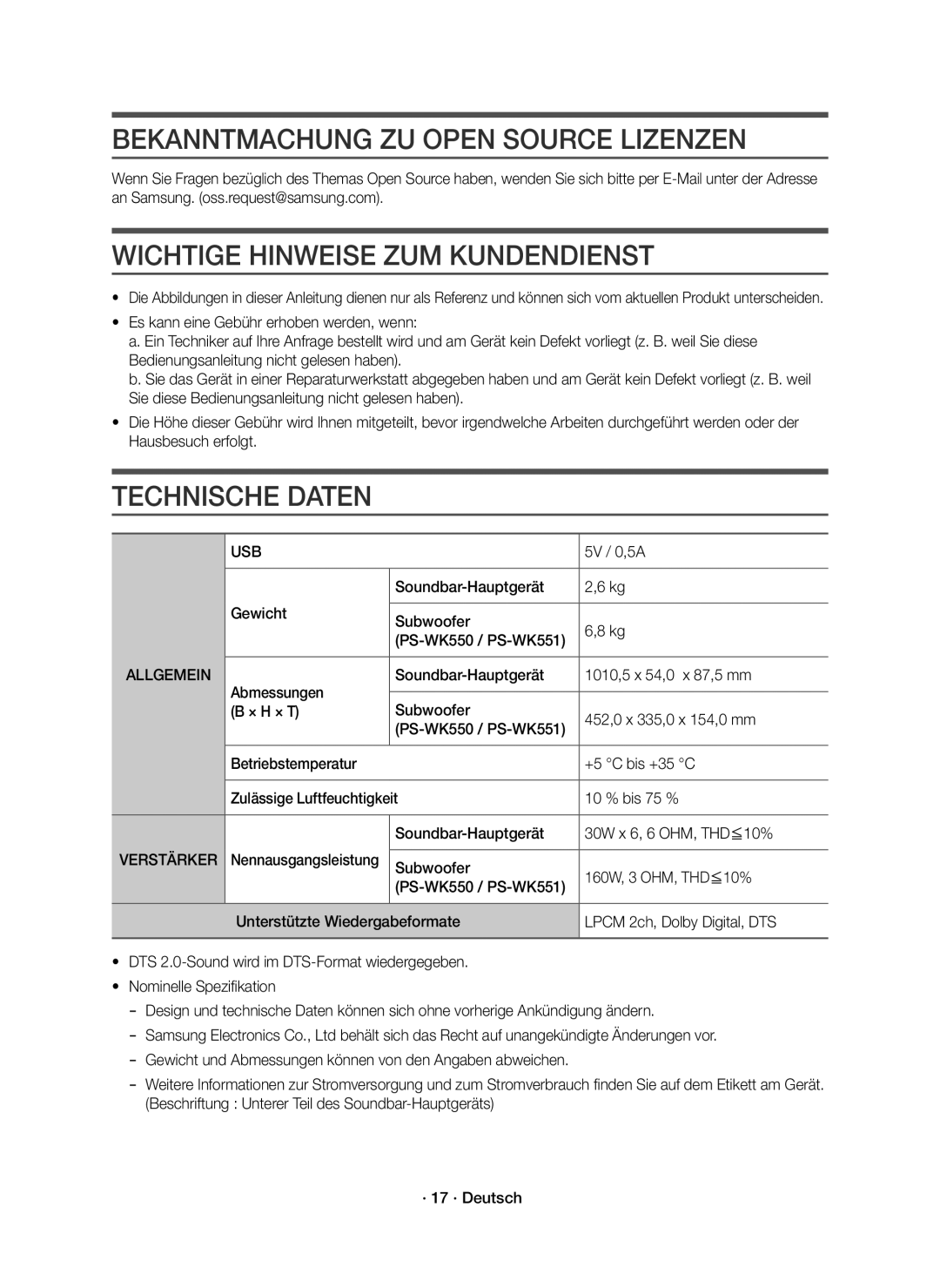 Samsung HW-K550/EN Bekanntmachung ZU Open Source Lizenzen, Wichtige Hinweise ZUM Kundendienst, Technische Daten, Allgemein 