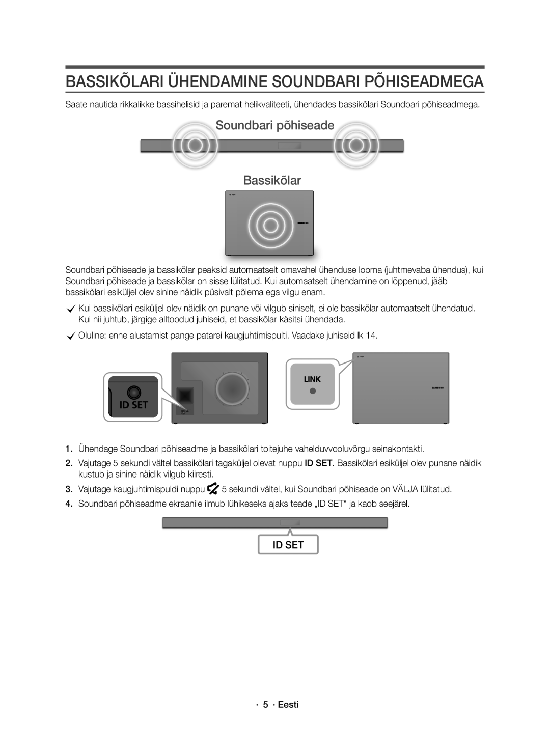 Samsung HW-K551/EN, HW-K550/EN manual Soundbari põhiseade Bassikõlar, · 5 · Eesti 