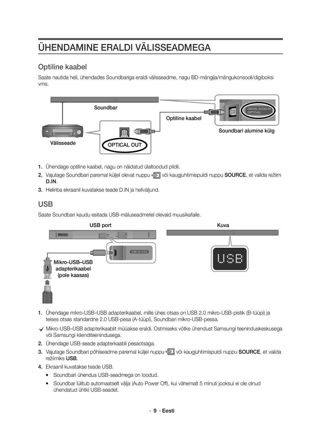 Samsung HW-K551/EN, HW-K550/EN manual Ühendamine Eraldi Välisseadmega, Optiline kaabel Soundbari alumine külg Välisseade 