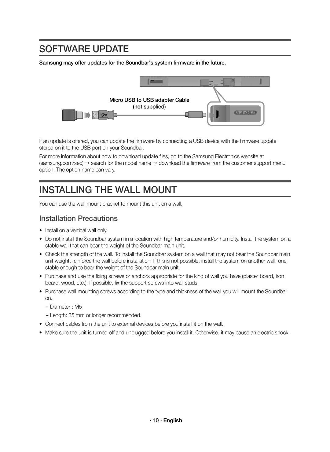 Samsung HW-K551/EN, HW-K550/EN manual Software Update, Installing the Wall Mount, Installation Precautions, · 10 · English 