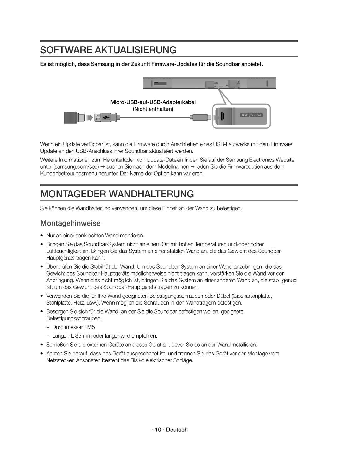 Samsung HW-K550/EN, HW-K551/EN manual Software Aktualisierung, Montageder Wandhalterung, Montagehinweise 