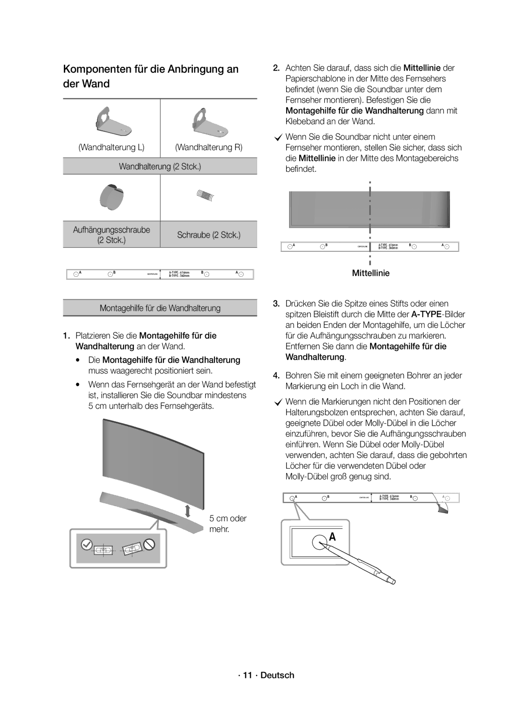 Samsung HW-K551/EN, HW-K550/EN manual Wandhalterung L, Wandhalterung 2 Stck, Schraube 2 Stck, Mittellinie, · 11 · Deutsch 