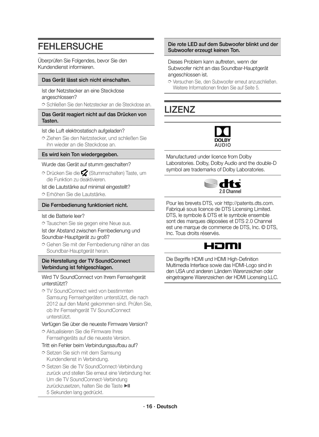 Samsung HW-K550/EN, HW-K551/EN manual Fehlersuche, Lizenz 