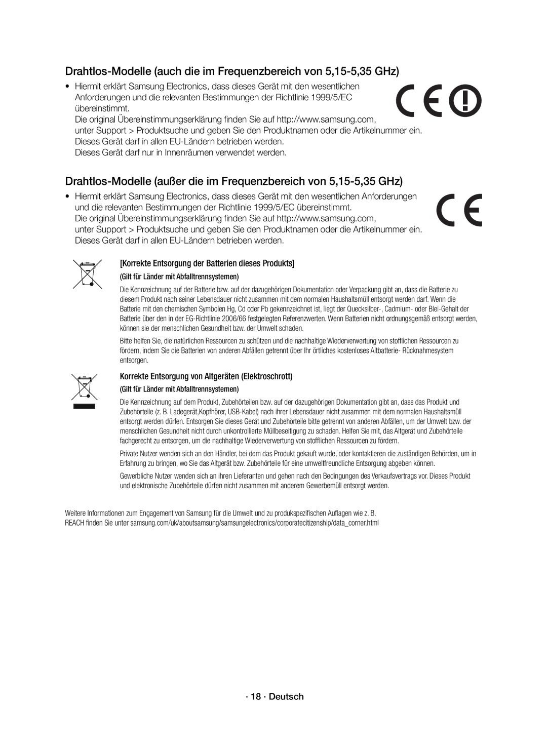 Samsung HW-K550/EN, HW-K551/EN manual Korrekte Entsorgung von Altgeräten Elektroschrott, · 18 · Deutsch 