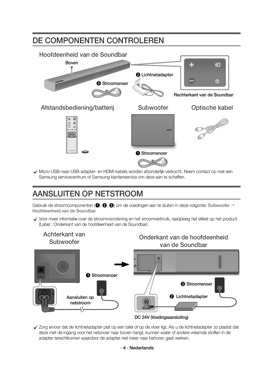 Samsung HW-K551/EN Afstandsbediening/batterij Subwoofer Optische kabel, Boven, Lichtnetadapter, DC 24V Voedingsaansluiting 