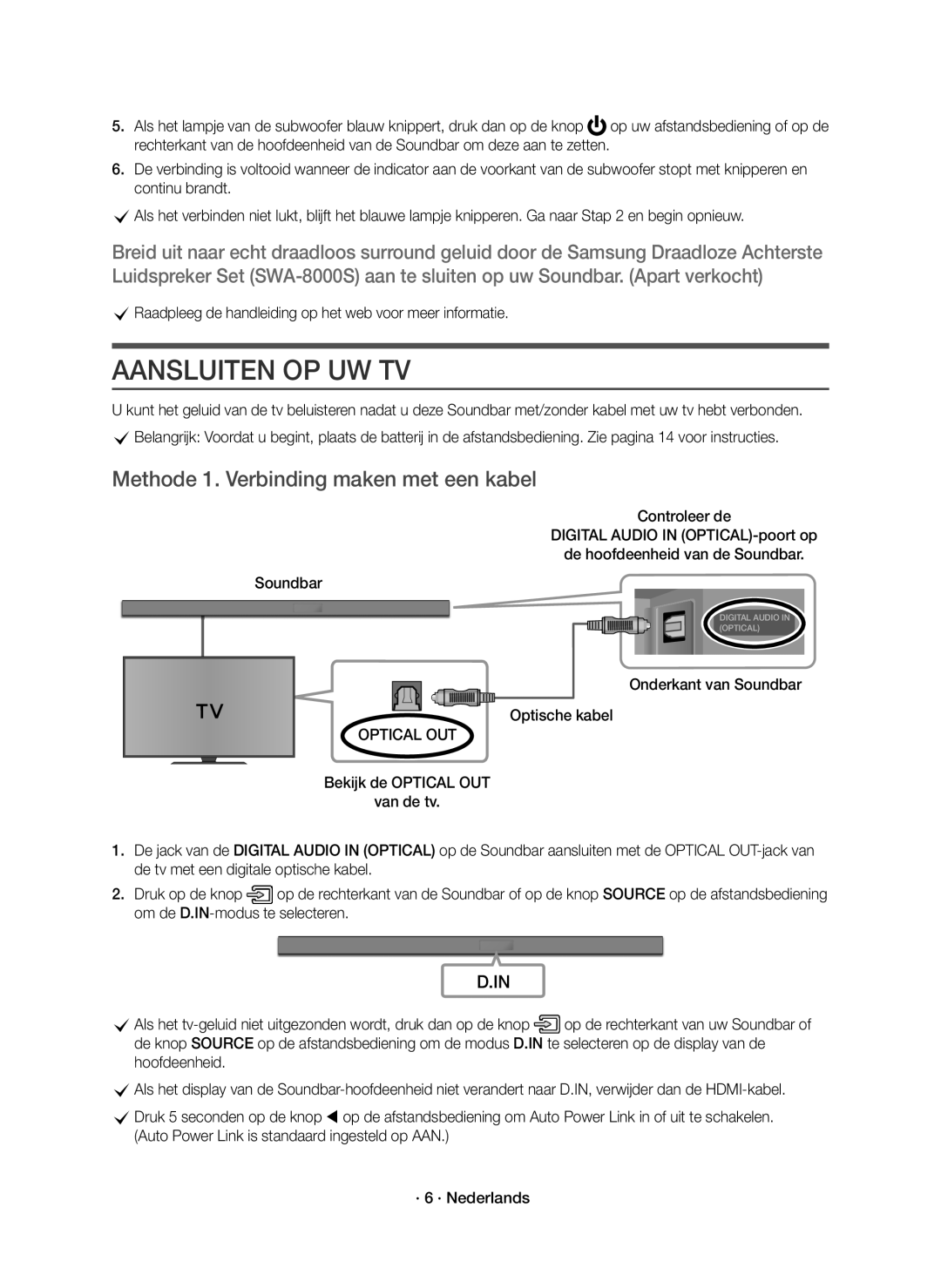 Samsung HW-K551/EN Aansluiten OP UW TV, Methode 1. Verbinding maken met een kabel, Onderkant van Soundbar Optische kabel 