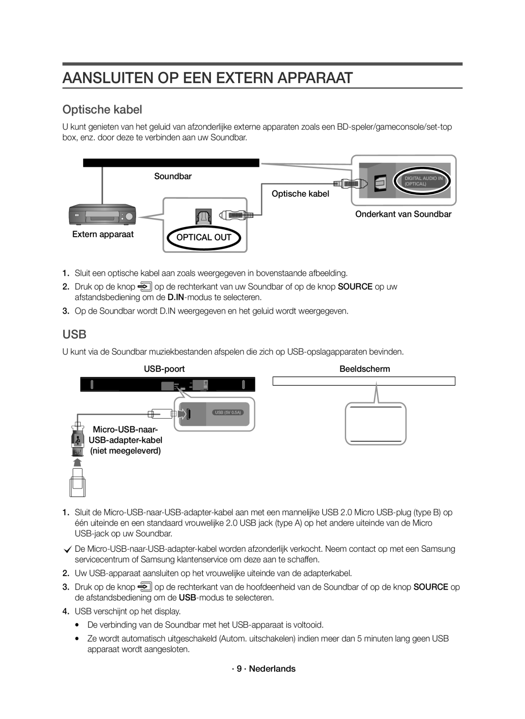 Samsung HW-K550/EN, HW-K551/EN Aansluiten OP EEN Extern Apparaat, Optische kabel Onderkant van Soundbar Extern apparaat 