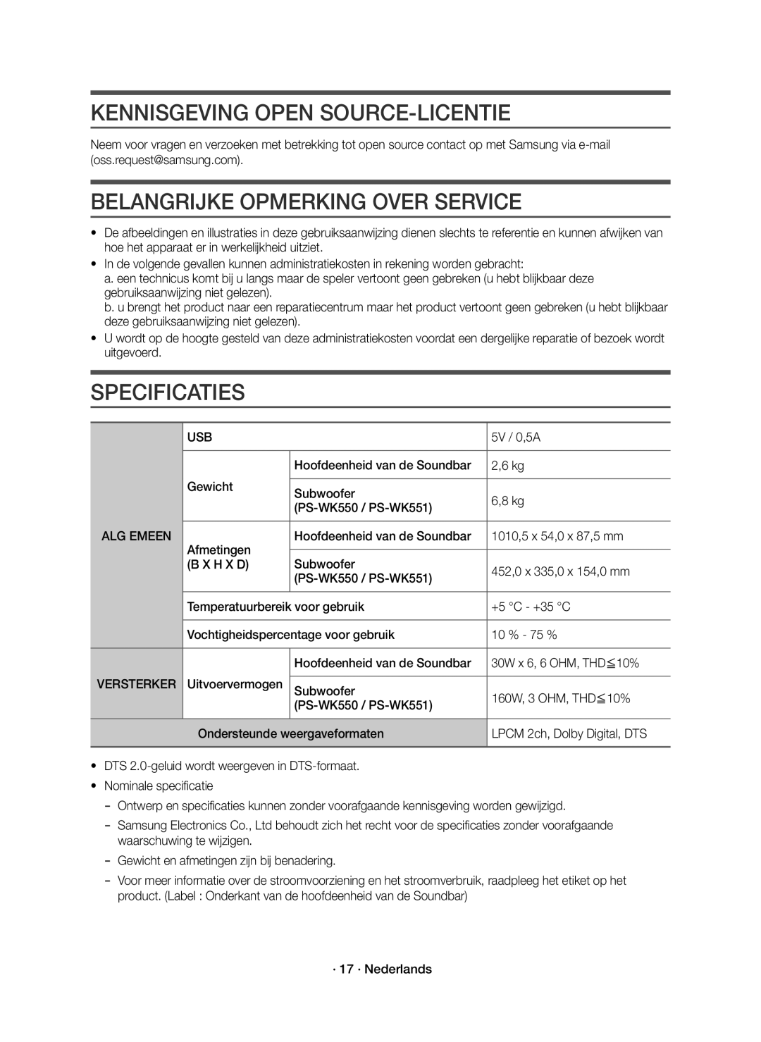 Samsung HW-K550/EN manual Kennisgeving Open SOURCE-LICENTIE, Belangrijke Opmerking Over Service, Specificaties, ALG Emeen 