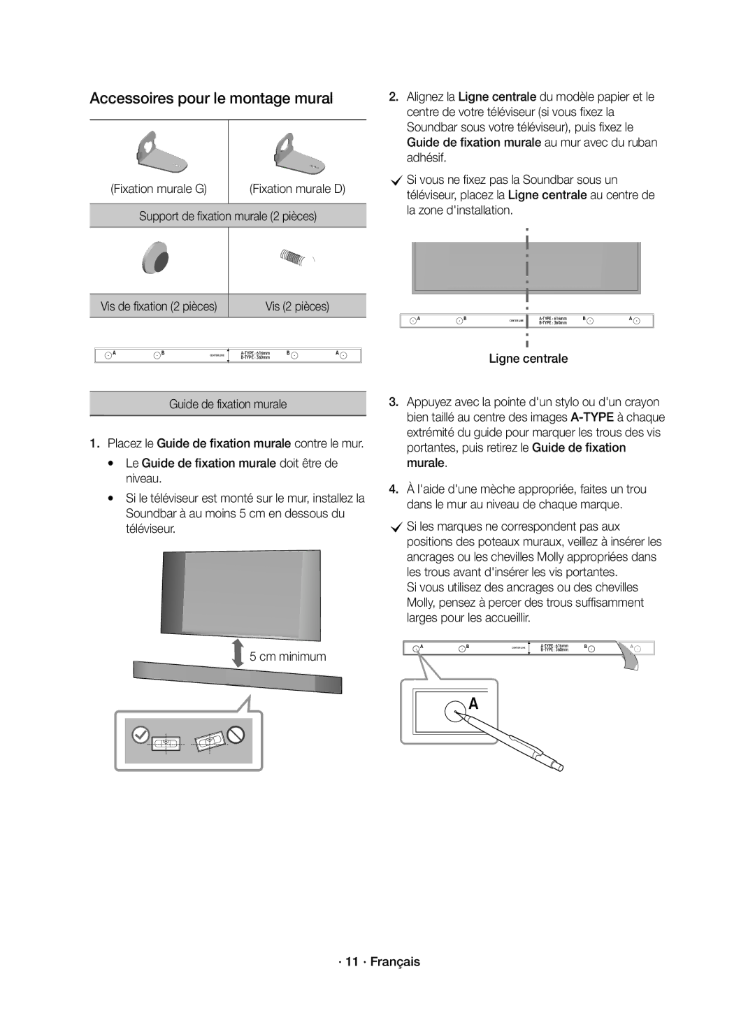 Samsung HW-K551/EN, HW-K550/EN manual Fixation murale G, · 11 · Français 