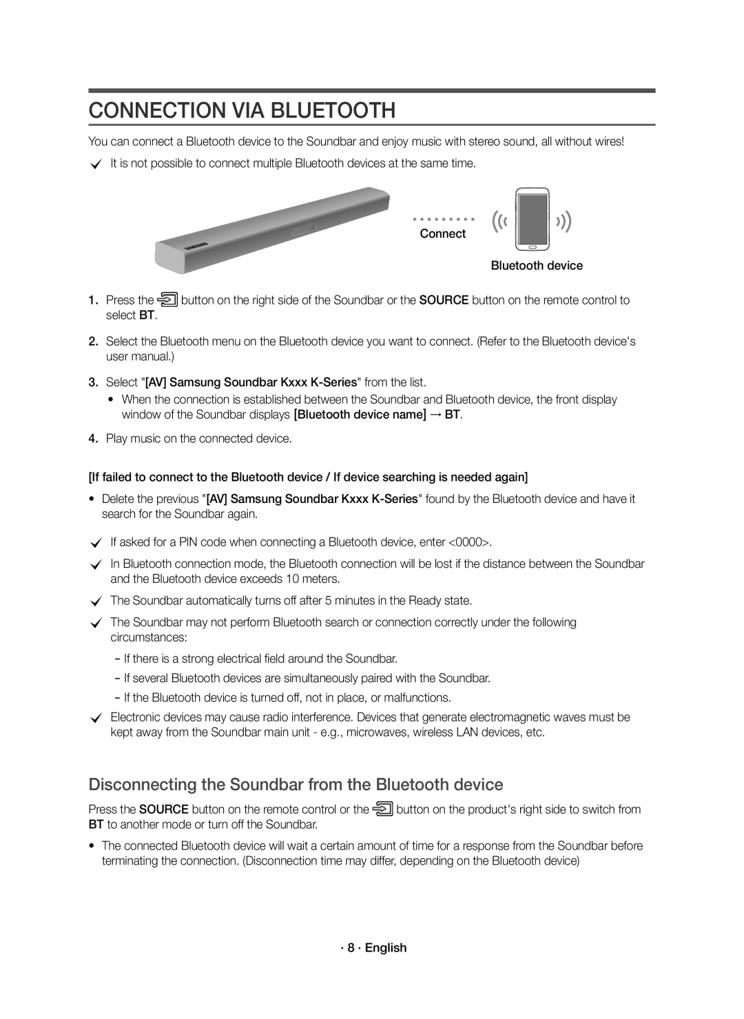 Samsung HW-K551/EN manual Connection VIA Bluetooth, Disconnecting the Soundbar from the Bluetooth device, · 8 · English 