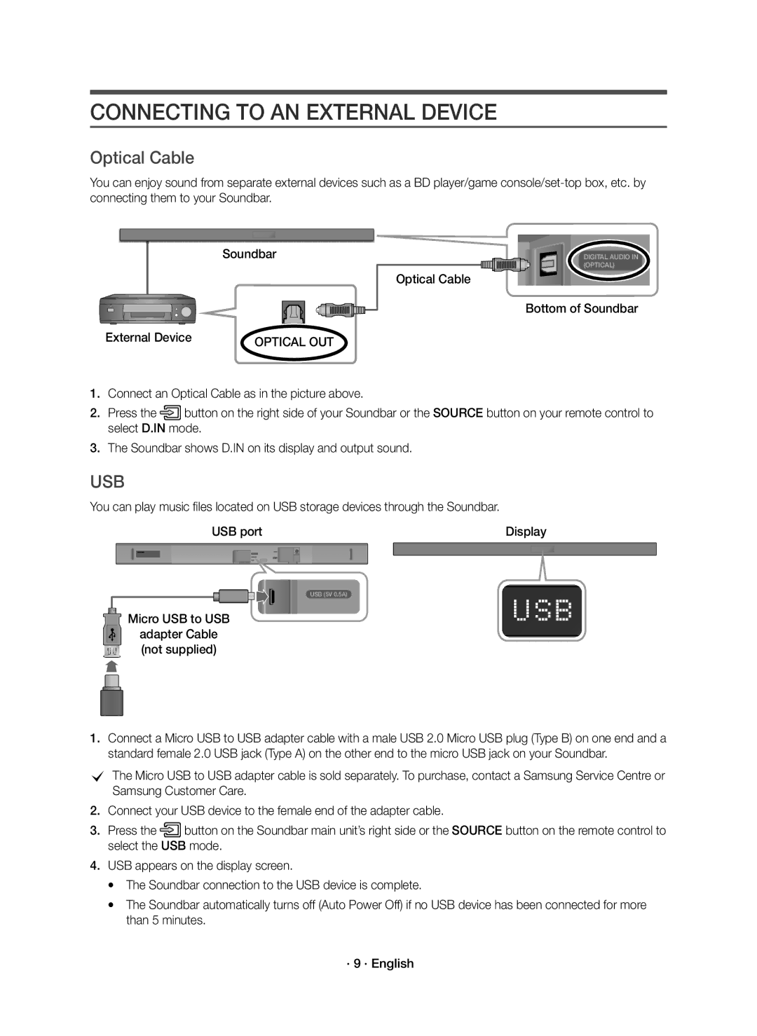 Samsung HW-K550/EN, HW-K551/EN manual Connecting to AN External Device, Optical Cable Bottom of Soundbar External Device 