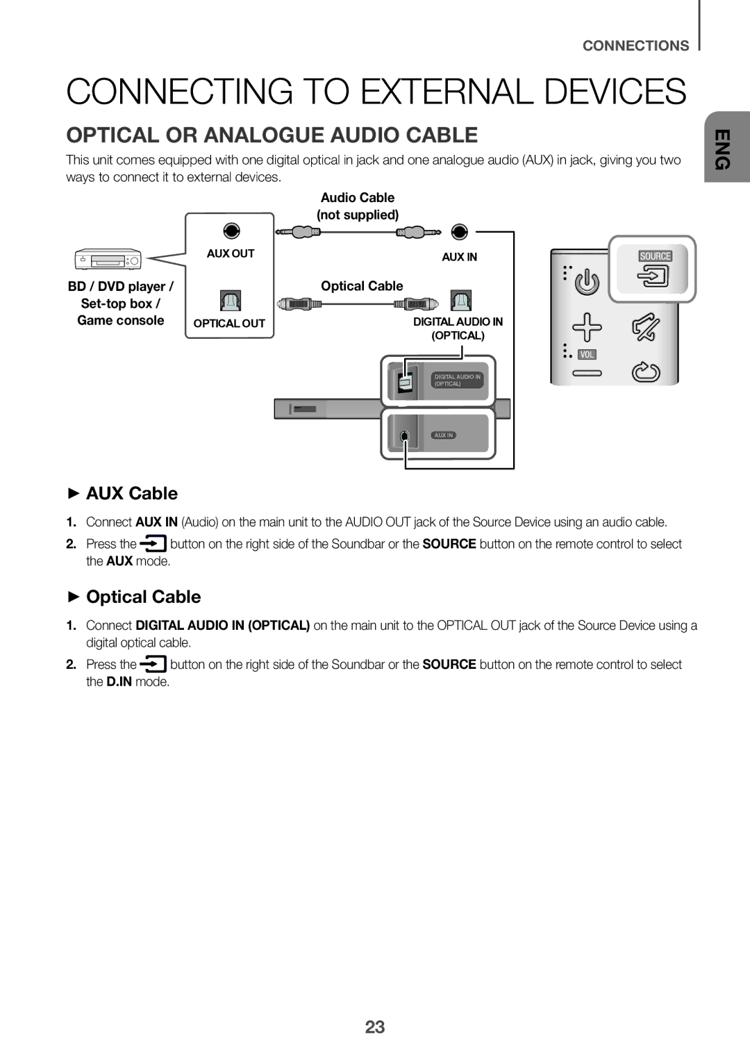 Samsung HW-K550/SQ manual Connecting to External Devices, Optical or Analogue Audio Cable, ++AUX Cable, ++Optical Cable 