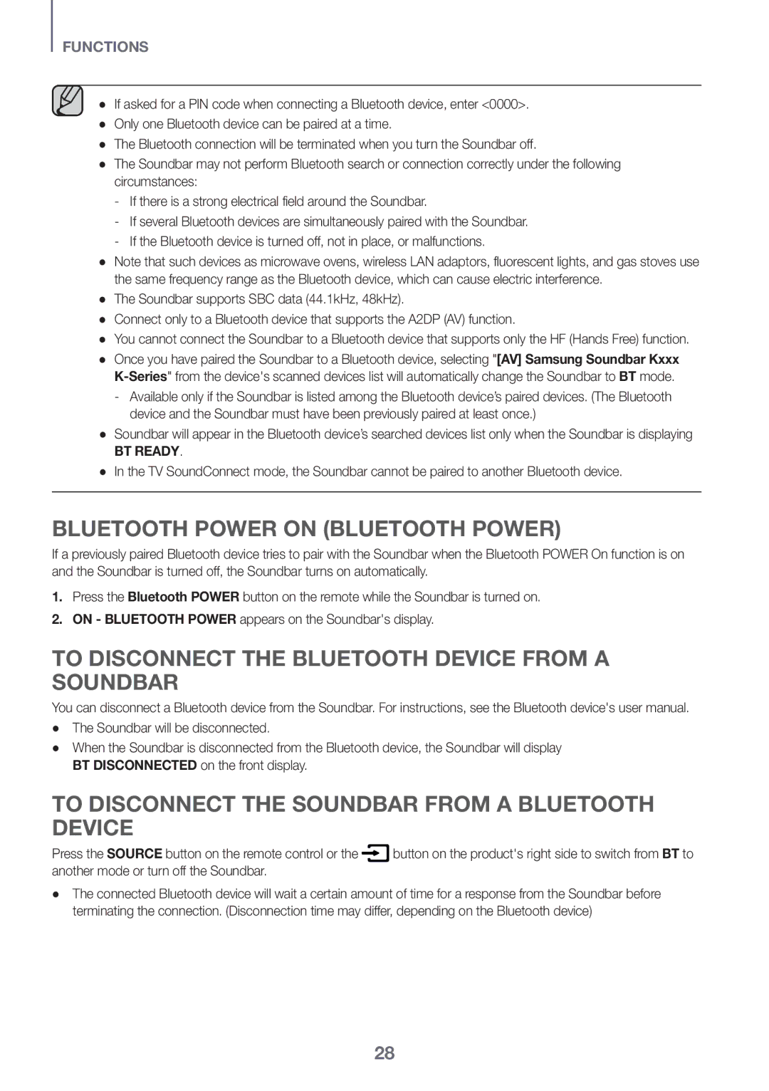 Samsung HW-K551/SQ, HW-K550/SQ manual Bluetooth Power On Bluetooth Power, To disconnect the Bluetooth device from a Soundbar 