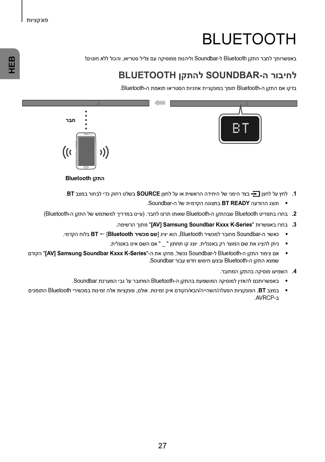 Samsung HW-K550/SQ, HW-K551/SQ manual Bluetooth ןקתהל Soundbar-ה רוביחל, רבח Bluetooth ןקתה, Avrcp-ב 