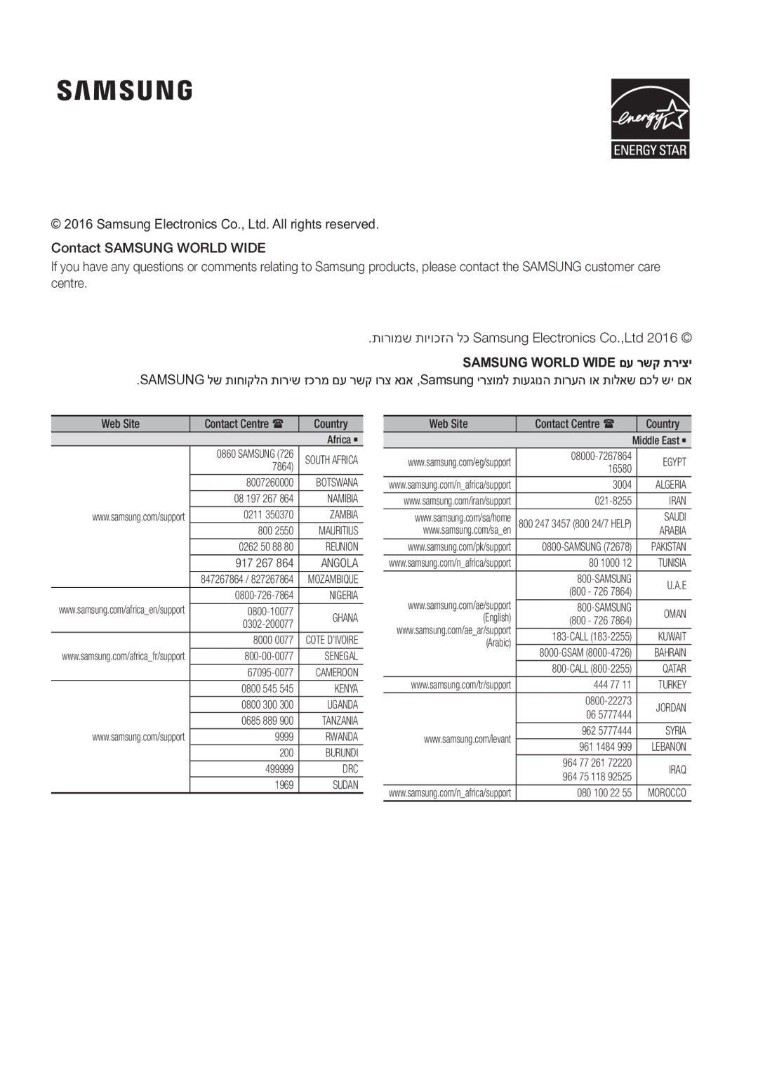 Samsung HW-K550/SQ, HW-K551/SQ manual Samsung World Wide םע רשק תריצי 