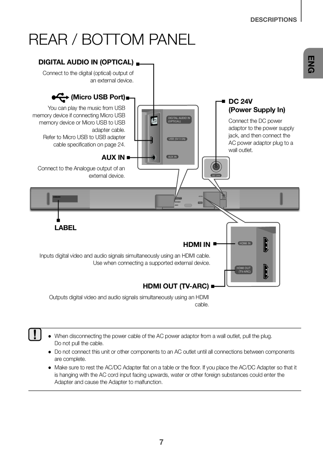 Samsung HW-K550/SQ, HW-K551/SQ manual Rear / Bottom Panel, Digital Audio in Optical 