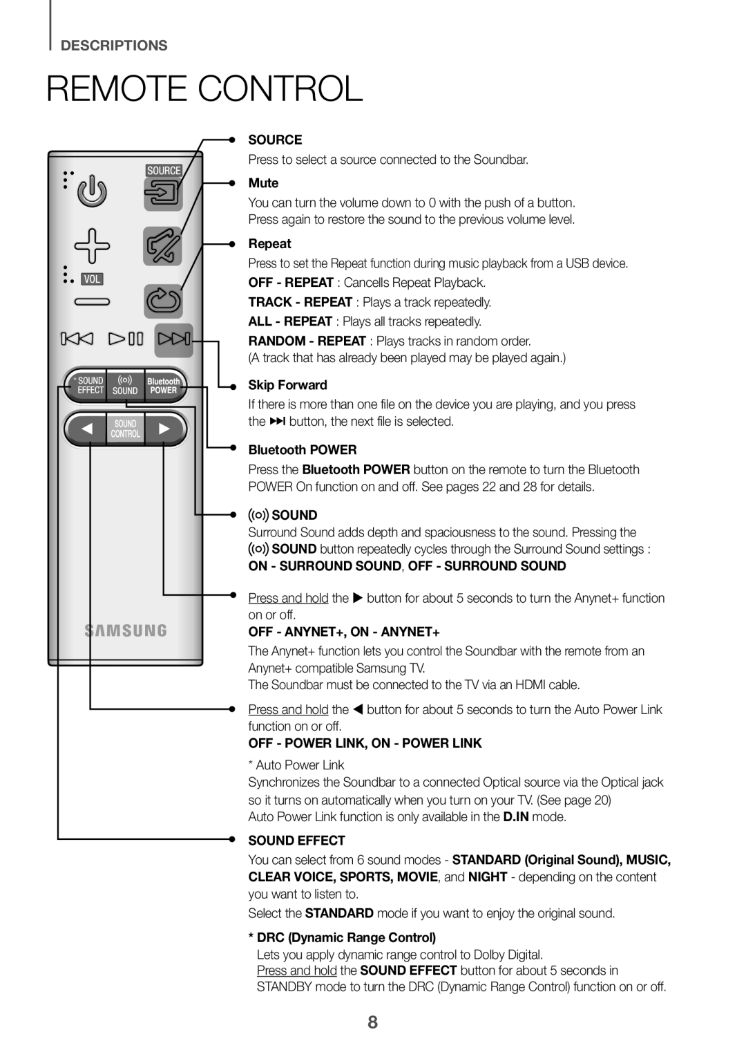 Samsung HW-K551/SQ, HW-K550/SQ manual Remote Control 