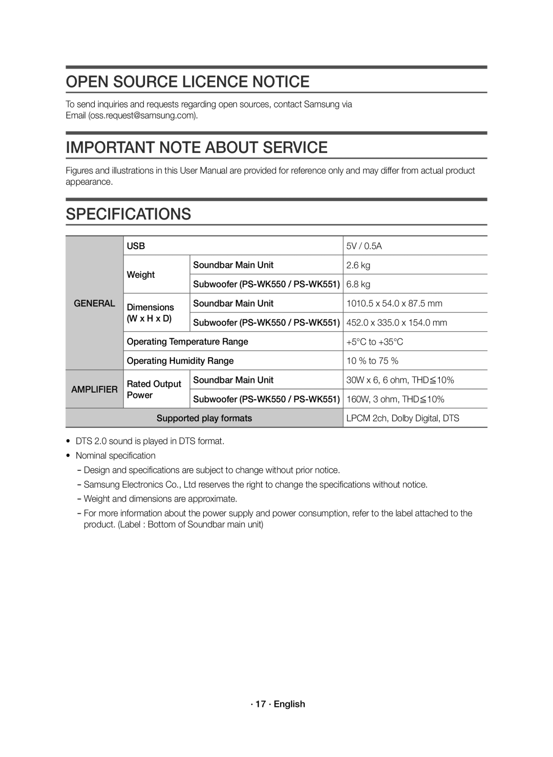 Samsung HW-K550/SQ, HW-K551/SQ Open Source Licence Notice, Important Note about Service Specifications, Usb, Amplifier 