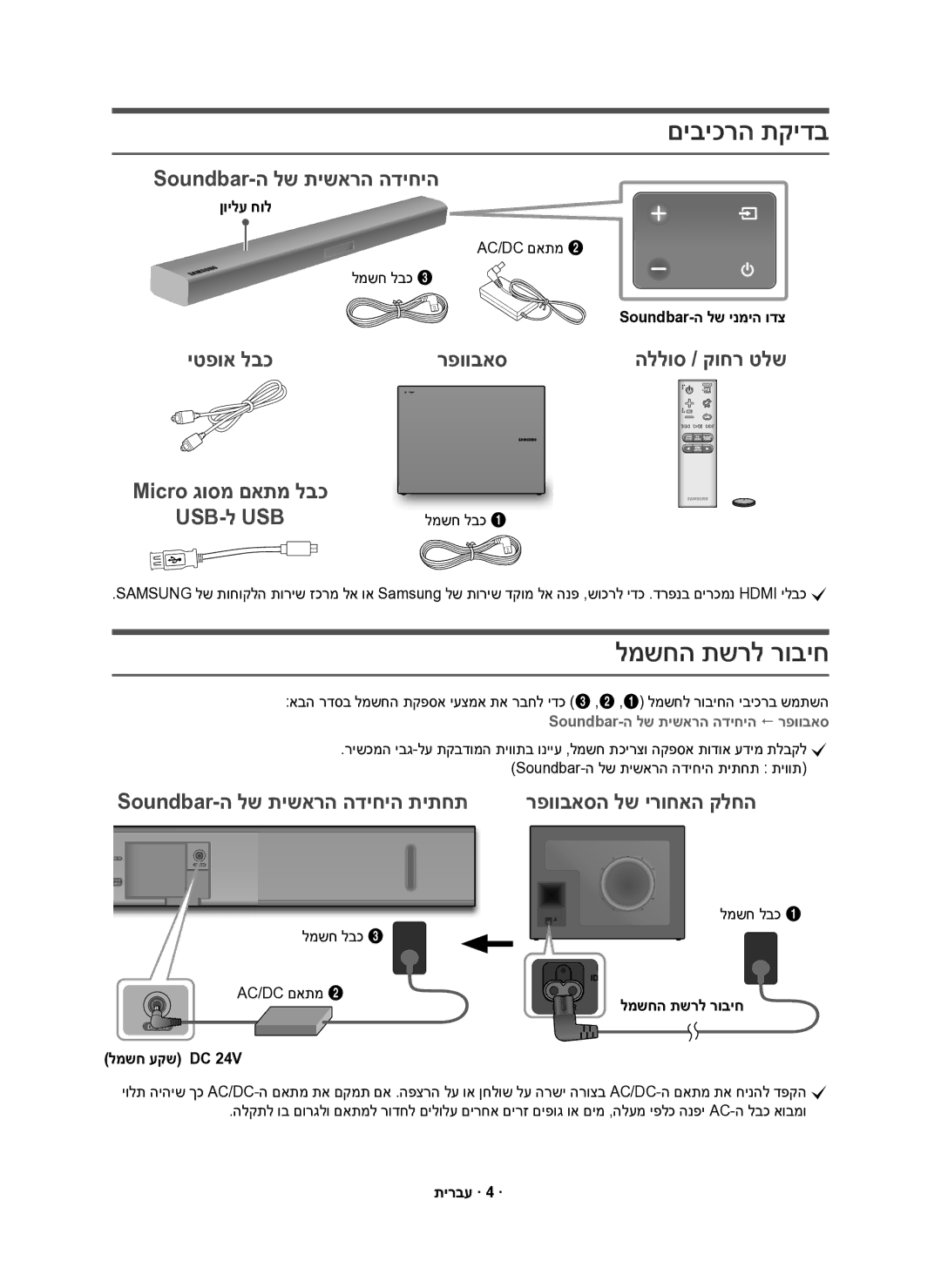 Samsung HW-K551/SQ, HW-K550/SQ manual םיביכרה תקידב, למשחה תשרל רוביח, Soundbar-ה לש תישארה הדיחיה, יטפוא לבכ רפוובאס 