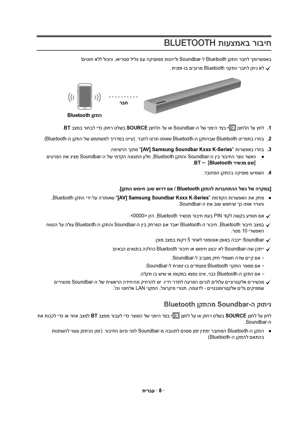 Samsung HW-K551/SQ, HW-K550/SQ manual Bluetooth תועצמאב רוביח, Bluetooth ןקתהמ Soundbar-ה קותינ 