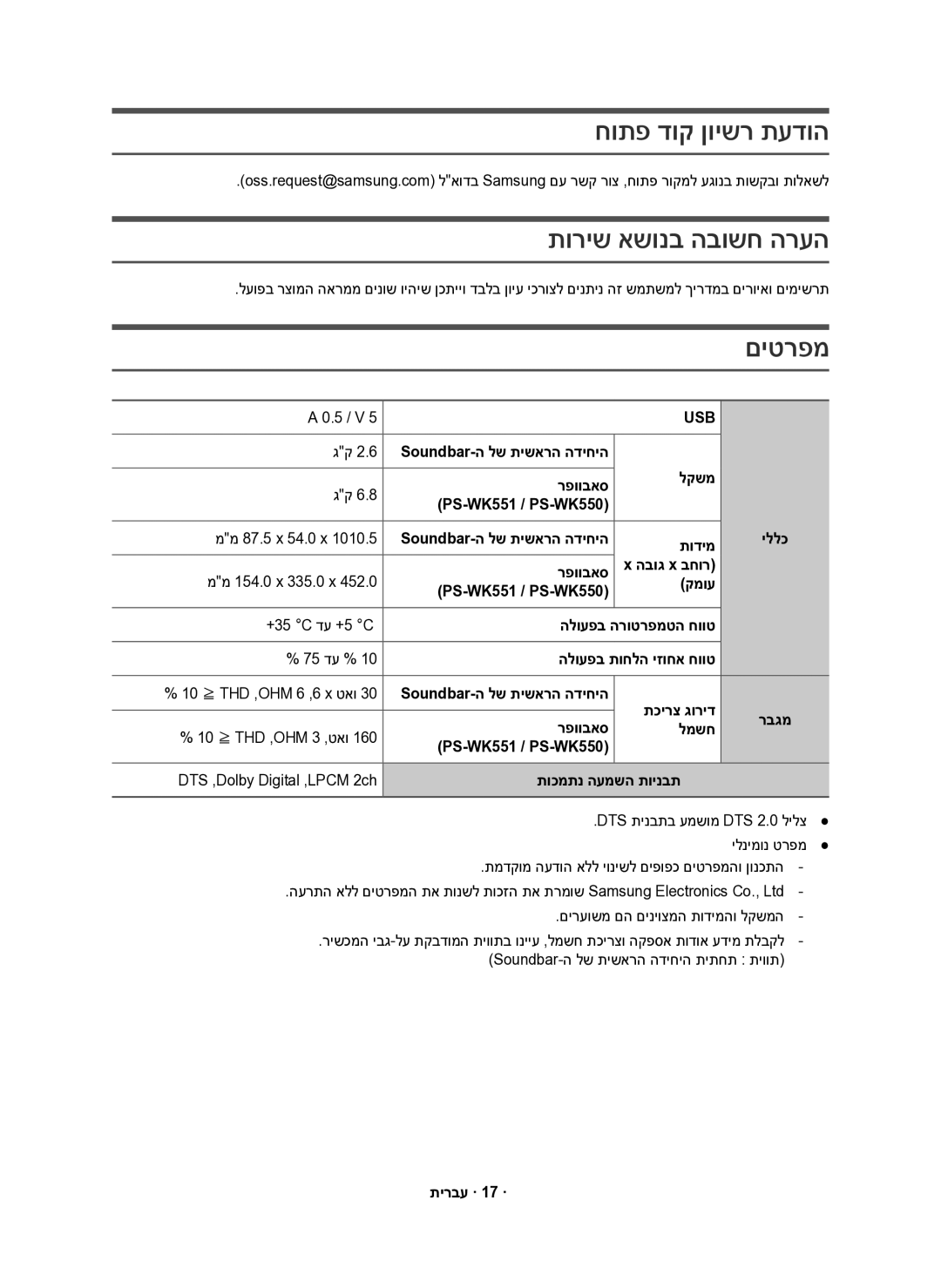 Samsung HW-K550/SQ, HW-K551/SQ manual חותפ דוק ןוישר תעדוה תוריש אשונב הבושח הרעה, םיטרפמ 